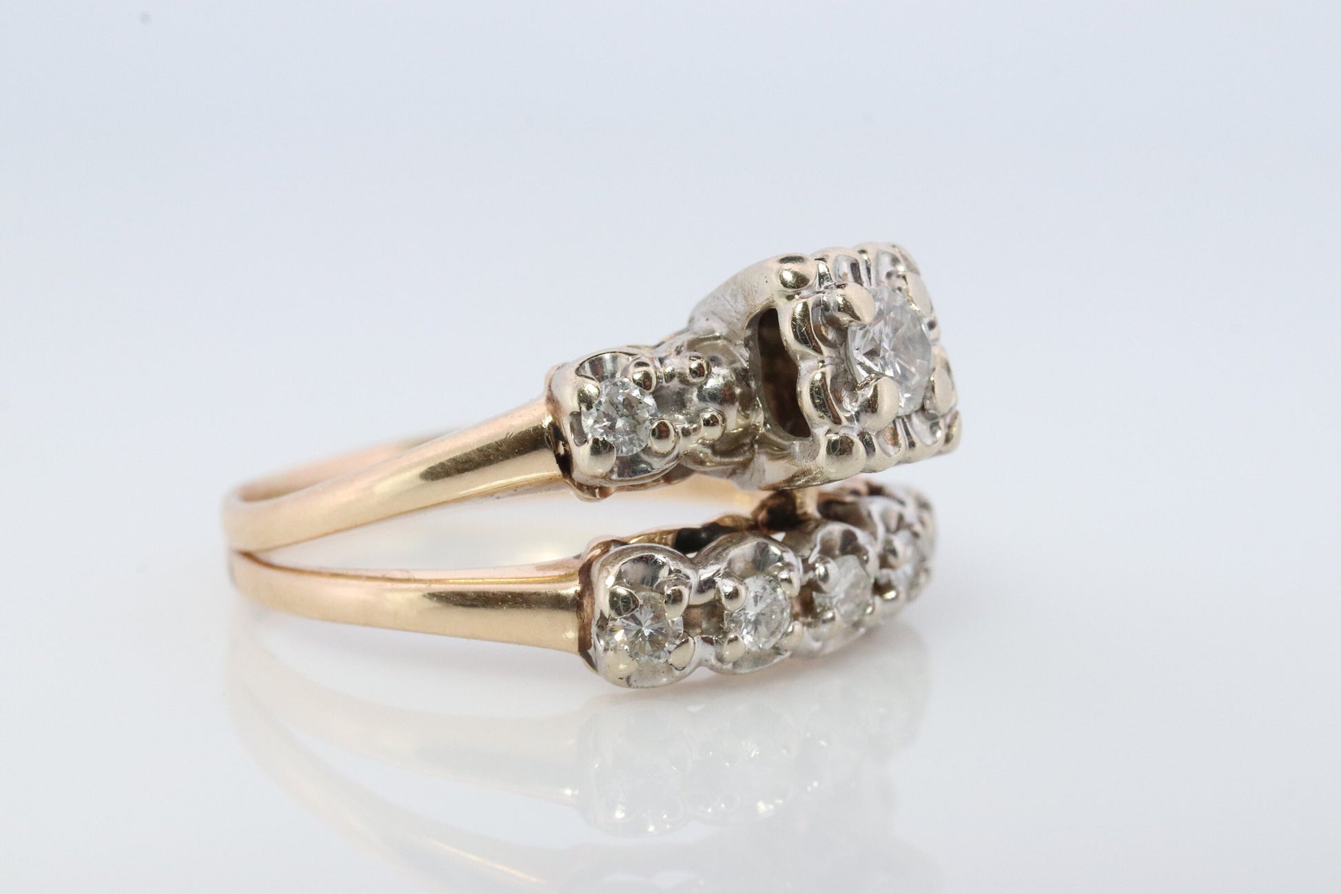Vintage Art Deco Engagement Ring Set. 1950s. 14k Yellow and White Gold Diamond Wedding and Engagement Ring Set. #1059