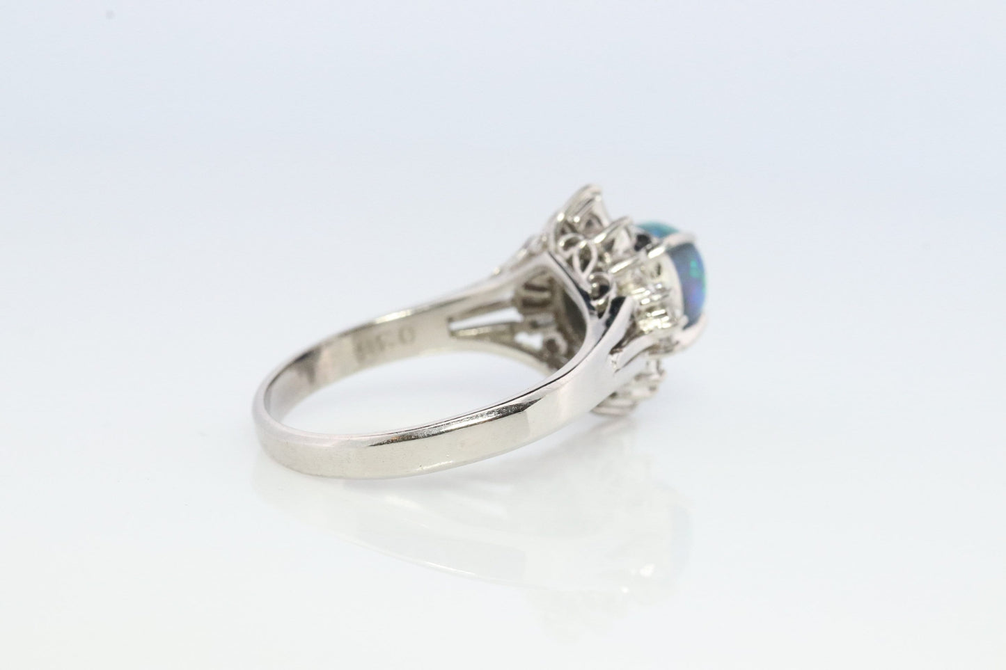 Black Opal Diamond Ring. 900 Platinum Black Opal Diamond Ballerina Ring. Genuine Australian Black Opal Cabochon.