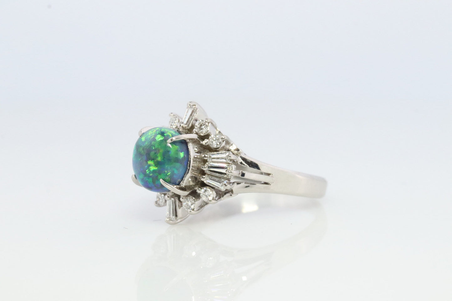 Black Opal Diamond Ring. 900 Platinum Black Opal Diamond Ballerina Ring. Genuine Australian Black Opal Cabochon.