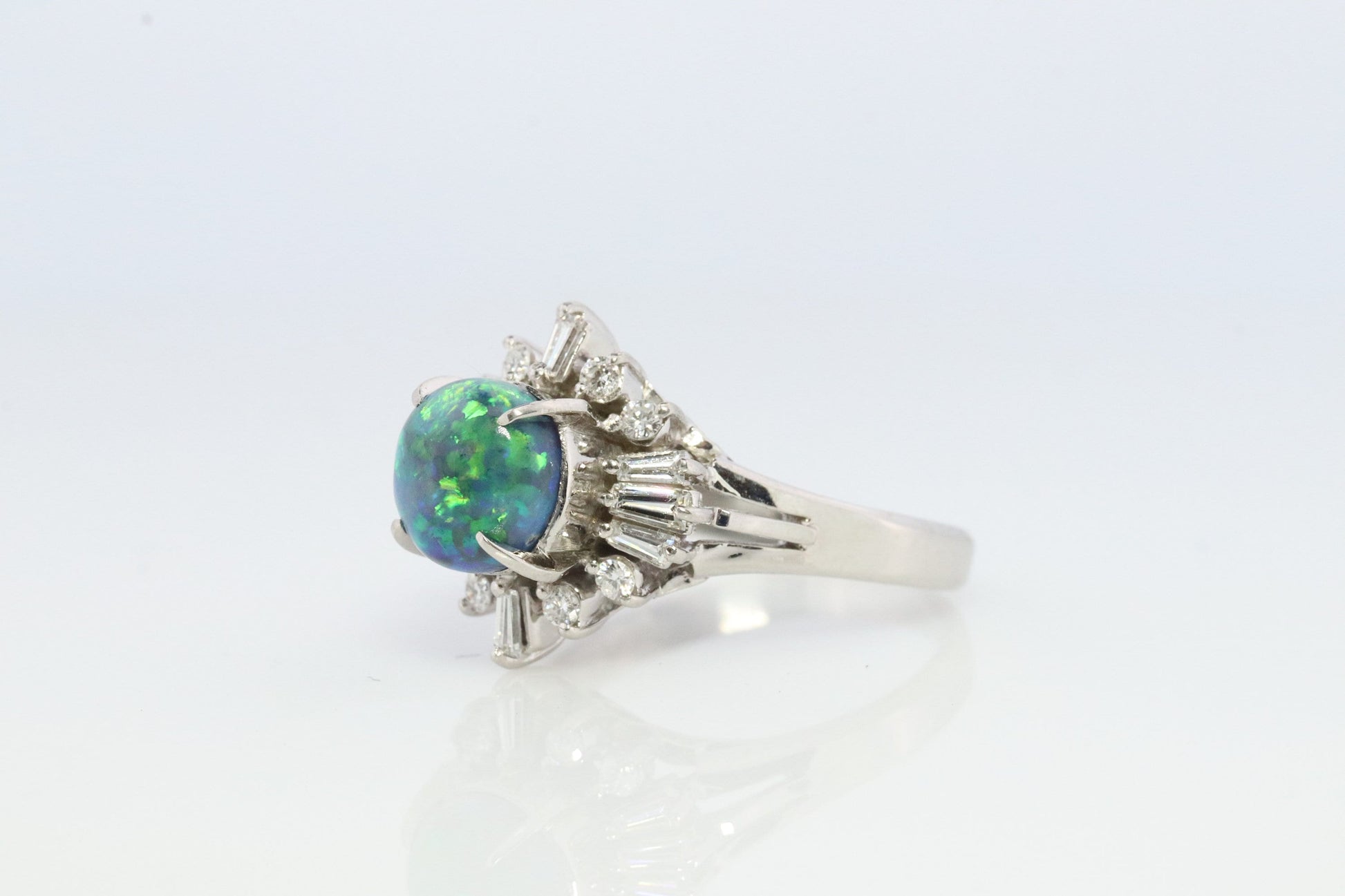 Black Opal Diamond Ring. 900 Platinum Black Opal Diamond Ballerina Ring. Genuine Australian Black Opal Cabochon.