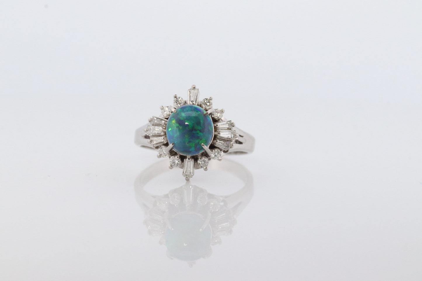 Black Opal Diamond Ring. 900 Platinum Black Opal Diamond Ballerina Ring. Genuine Australian Black Opal Cabochon.