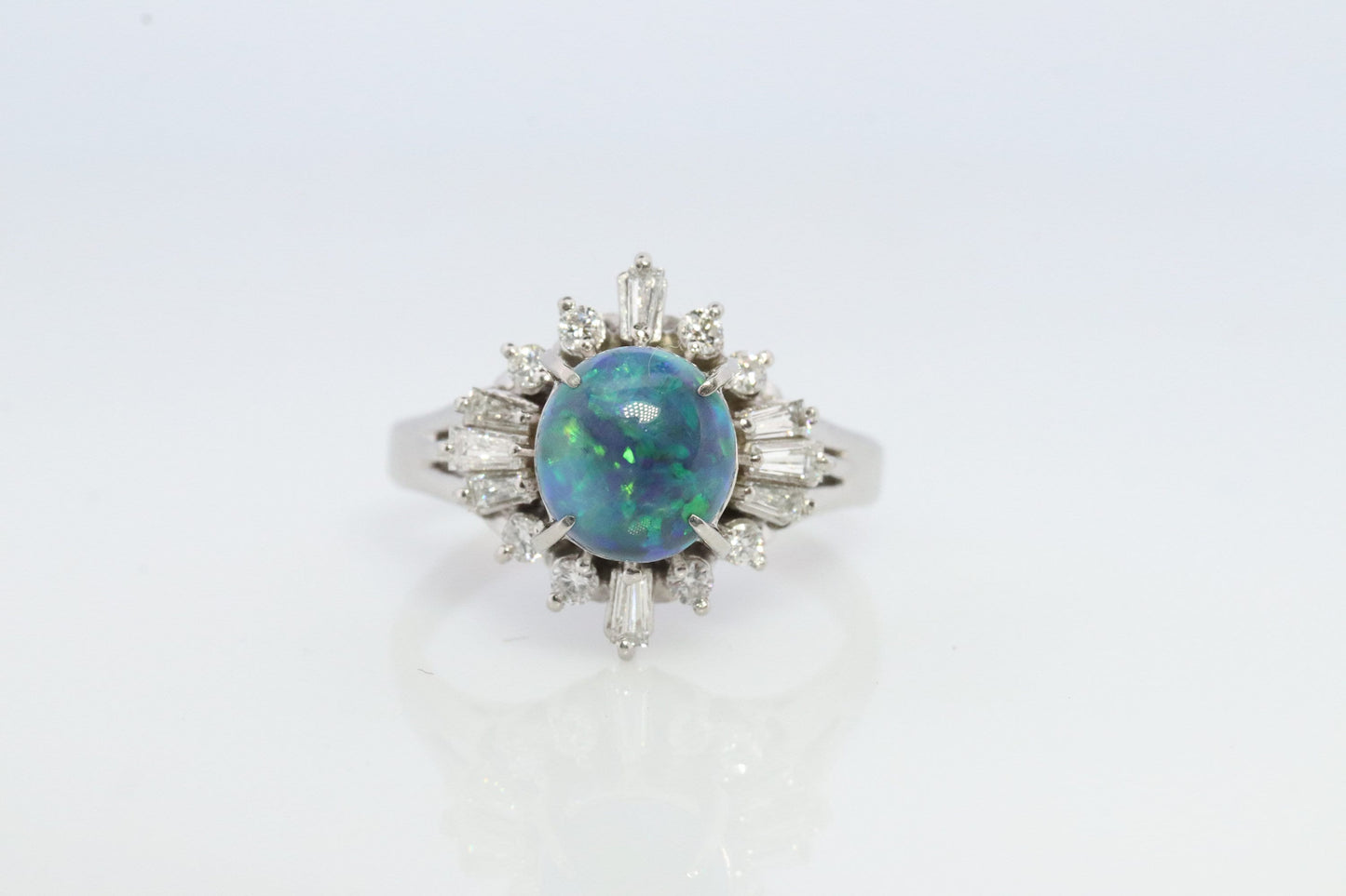 Black Opal Diamond Ring. 900 Platinum Black Opal Diamond Ballerina Ring. Genuine Australian Black Opal Cabochon.