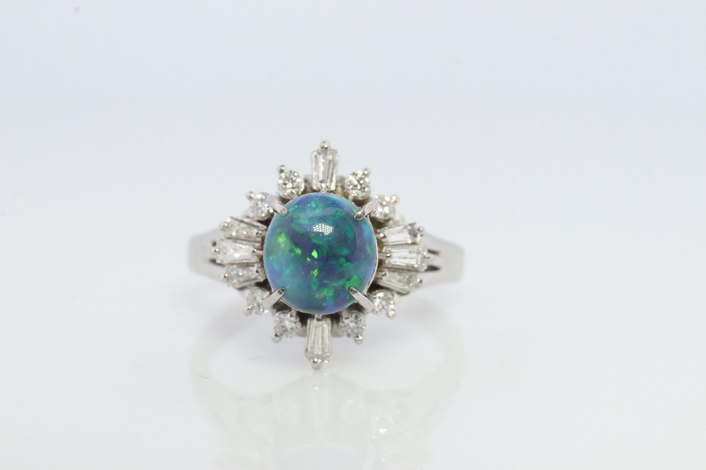 Black Opal Diamond Ring. 900 Platinum Black Opal Diamond Ballerina Ring. Genuine Australian Black Opal Cabochon.