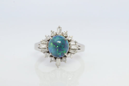 Black Opal Diamond Ring. 900 Platinum Black Opal Diamond Ballerina Ring. Genuine Australian Black Opal Cabochon.