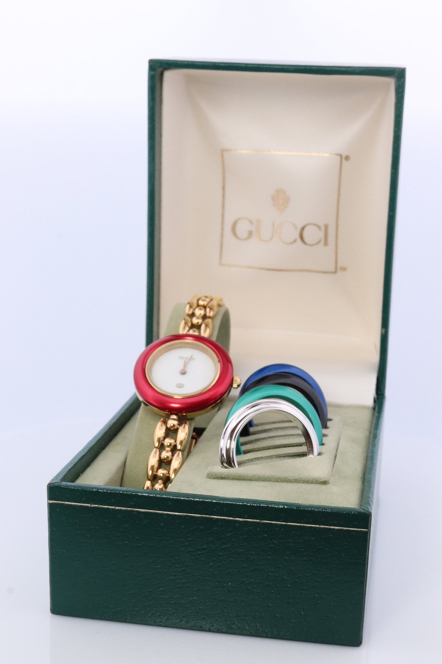 Genuine GUCCI 11/12 Watch. Vintage Ladies Gucci Change Bezel Watch. With Box and Bezels.