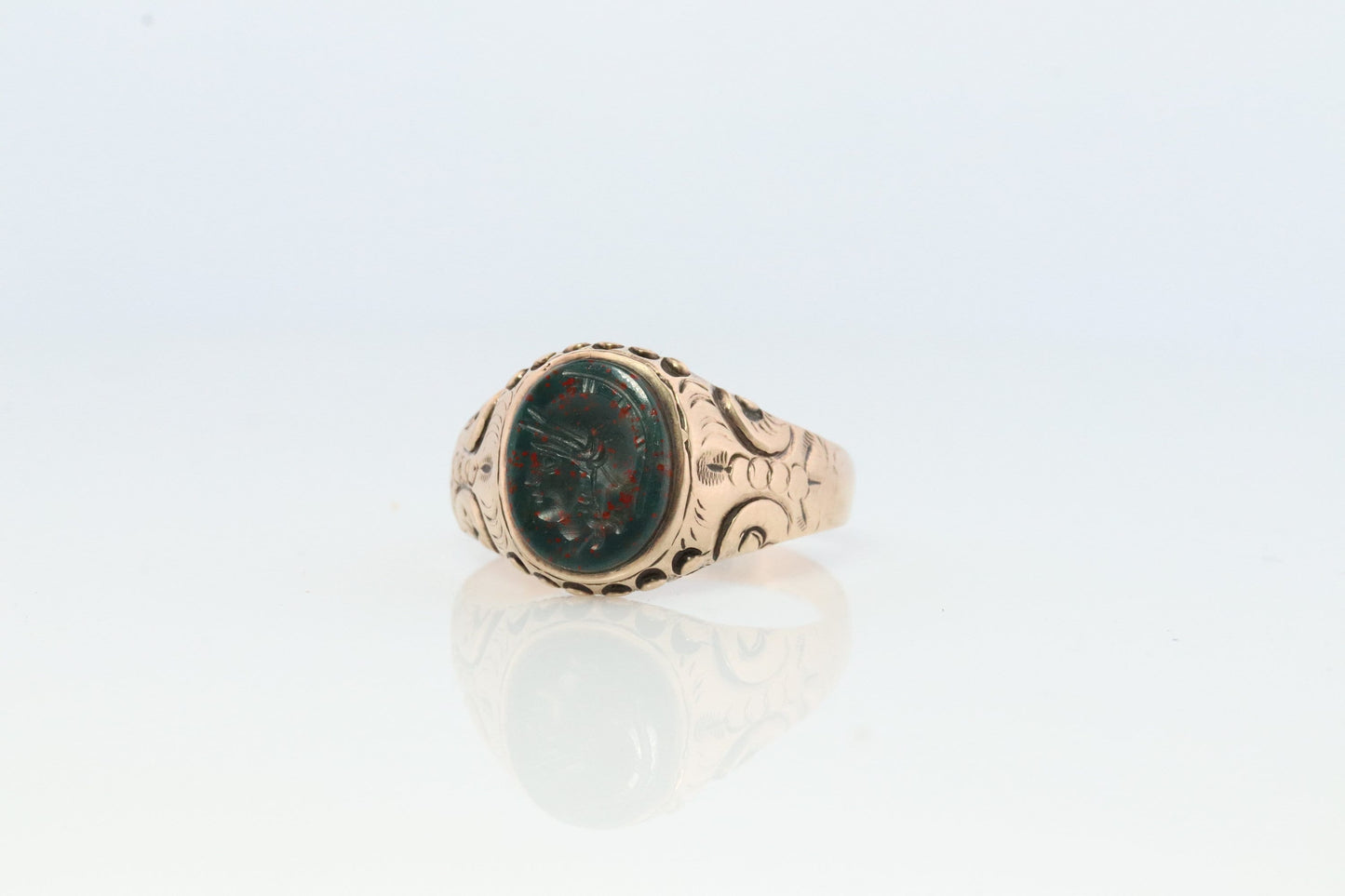 10k Bloodstone ring. Black and Red Blood stone yellow gold signet ring. Warrior Intaglio Carved ring.