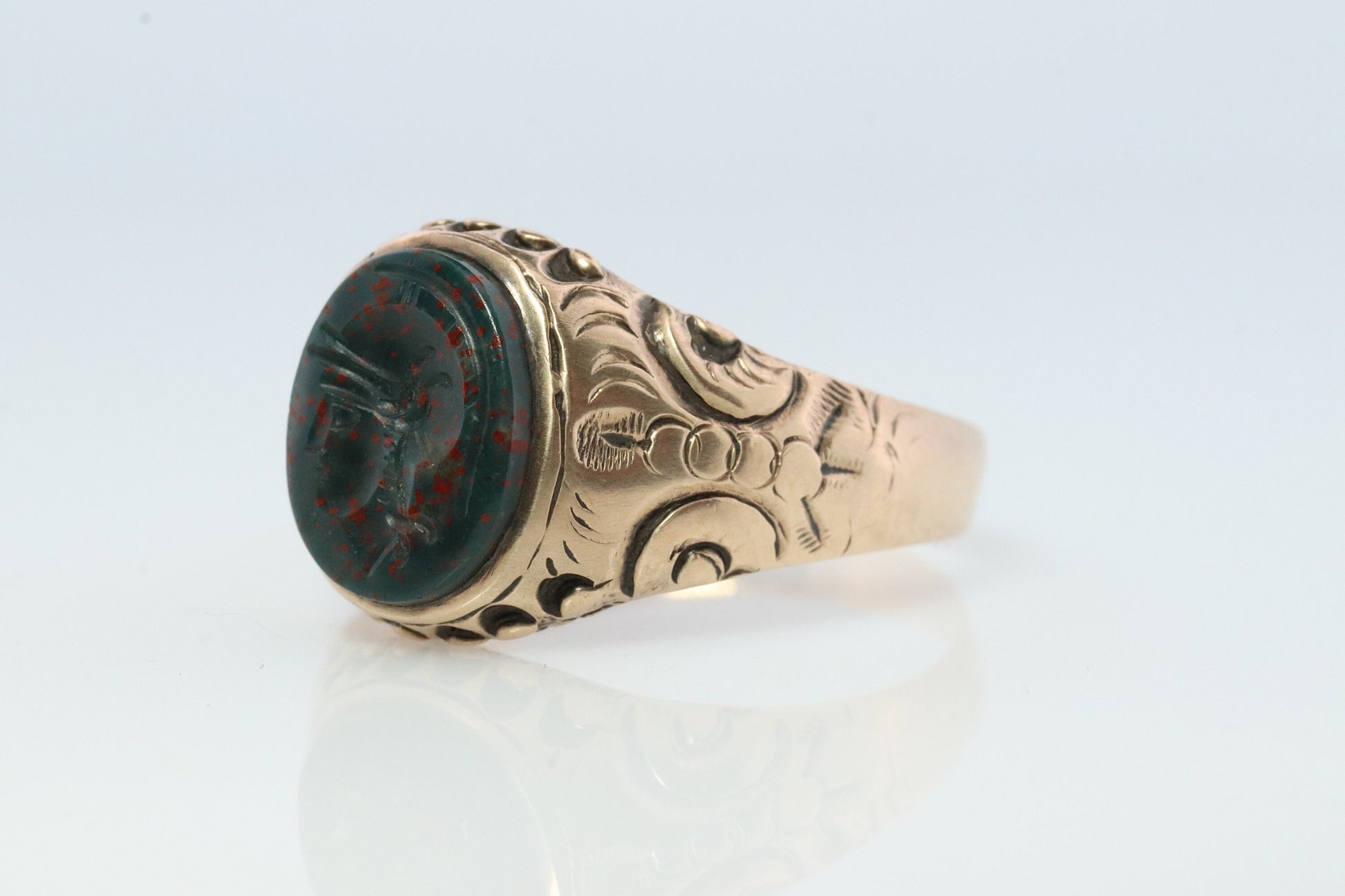 10k Bloodstone ring. Black and Red Blood stone yellow gold signet ring. Warrior Intaglio Carved ring.