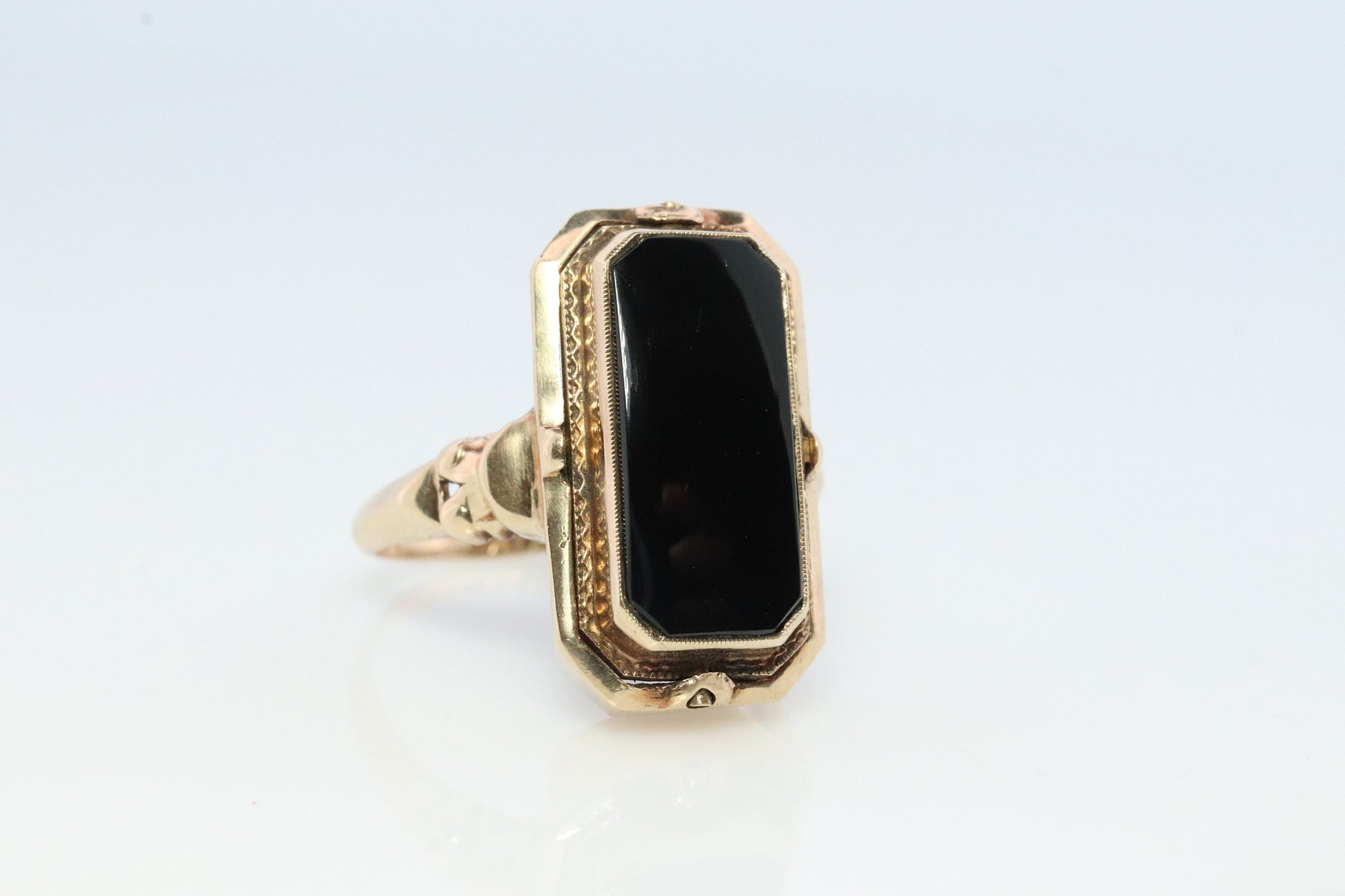 10k Onyx and Cameo Diamond Reversible Ring. Victorian Locket / Reverso Ring. 10k Yellow Gold Reverso signet ring.