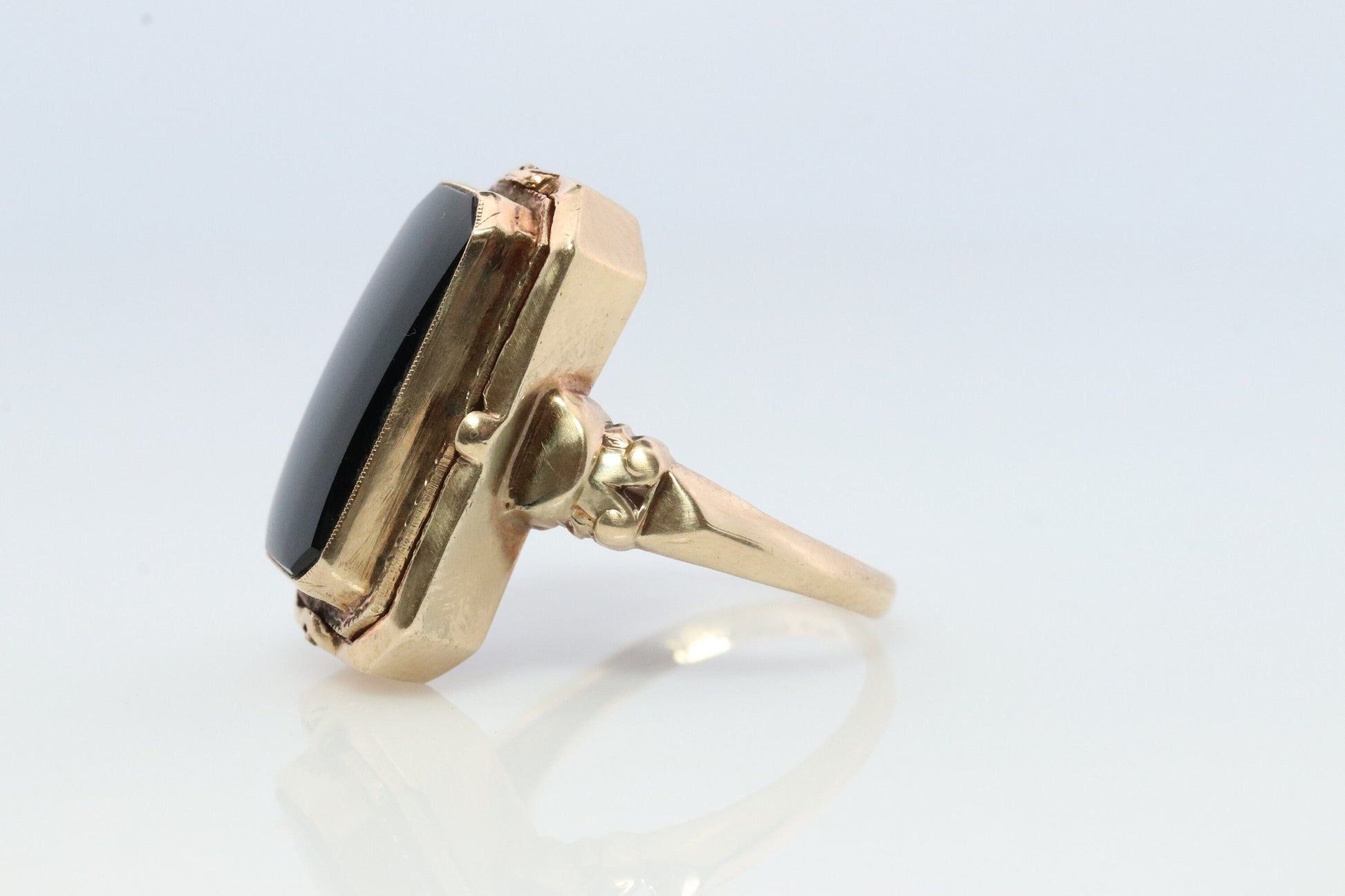 10k Onyx and Cameo Diamond Reversible Ring. Victorian Locket / Reverso Ring. 10k Yellow Gold Reverso signet ring.