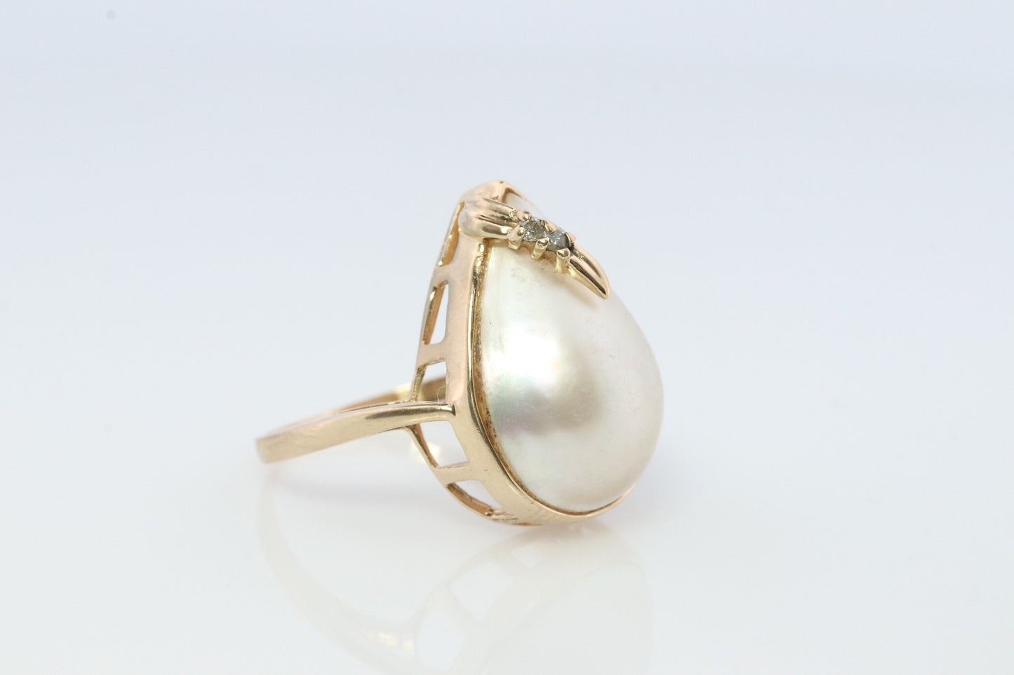 14k Large Mabe and Diamond Ring. Pear Mabe Pearl Solitaire ring with Diamond accents. IWI Imperial World Inc.