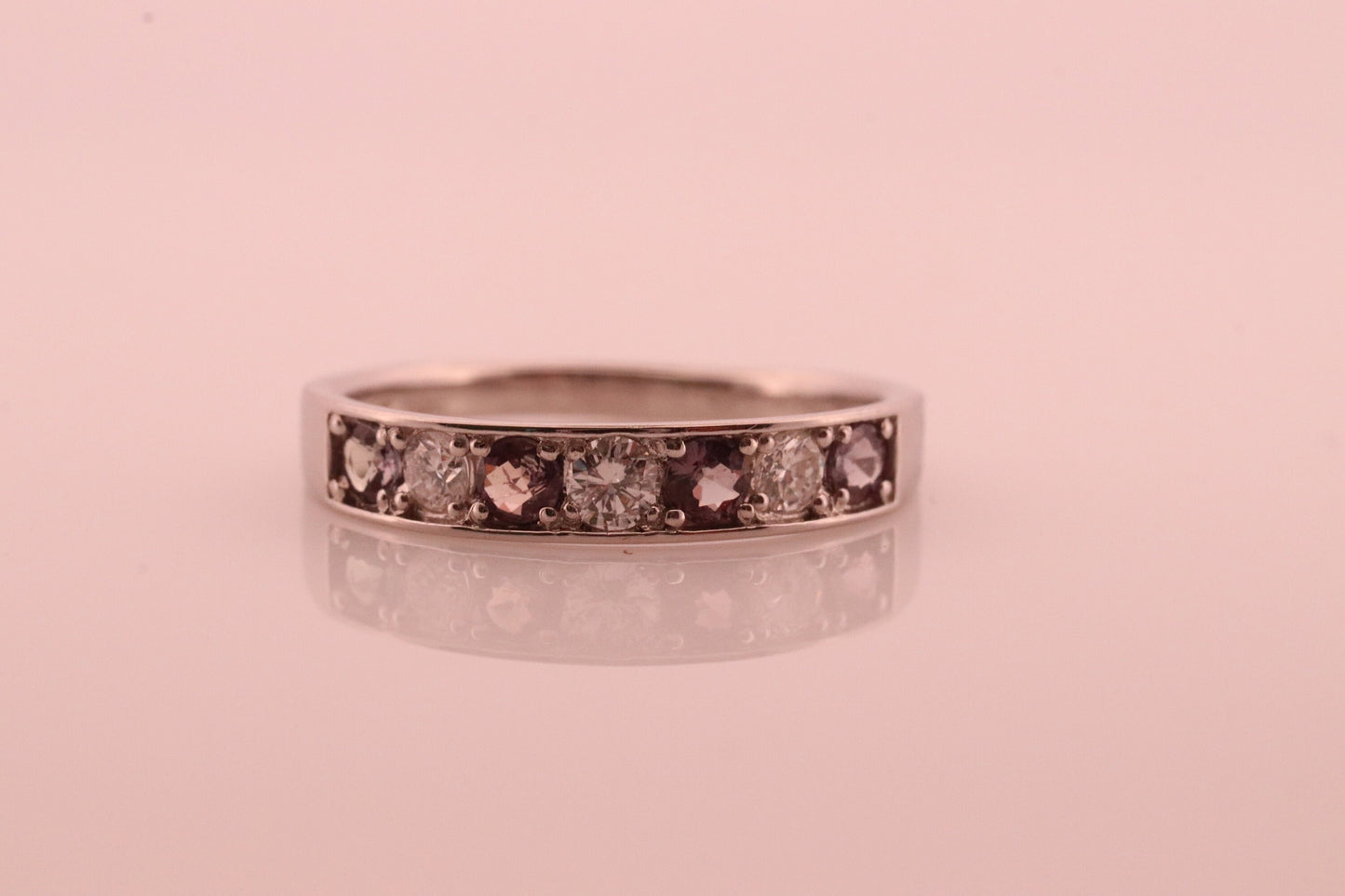Genuine Alexandrite Ring. Diamond Alexandrite Eternity band 900 Platinum setting round Natural ALEXANDRITE ring with diamond accents.