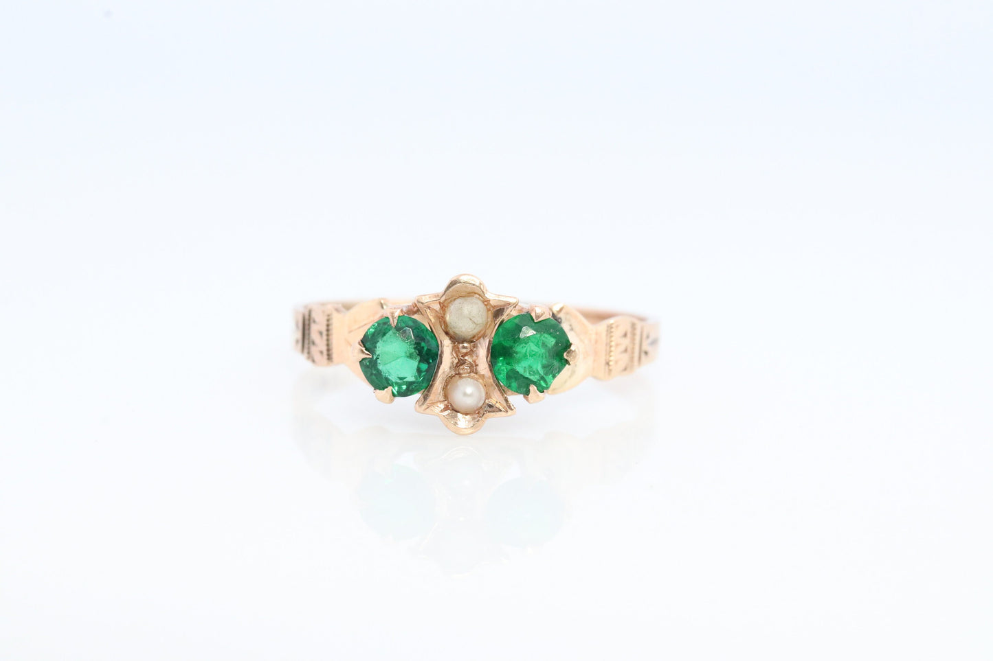 10k Victorian Pearl seed and Green Gem. Antique 10k Rose Gold WWW solitaire. White, Wile and Warner