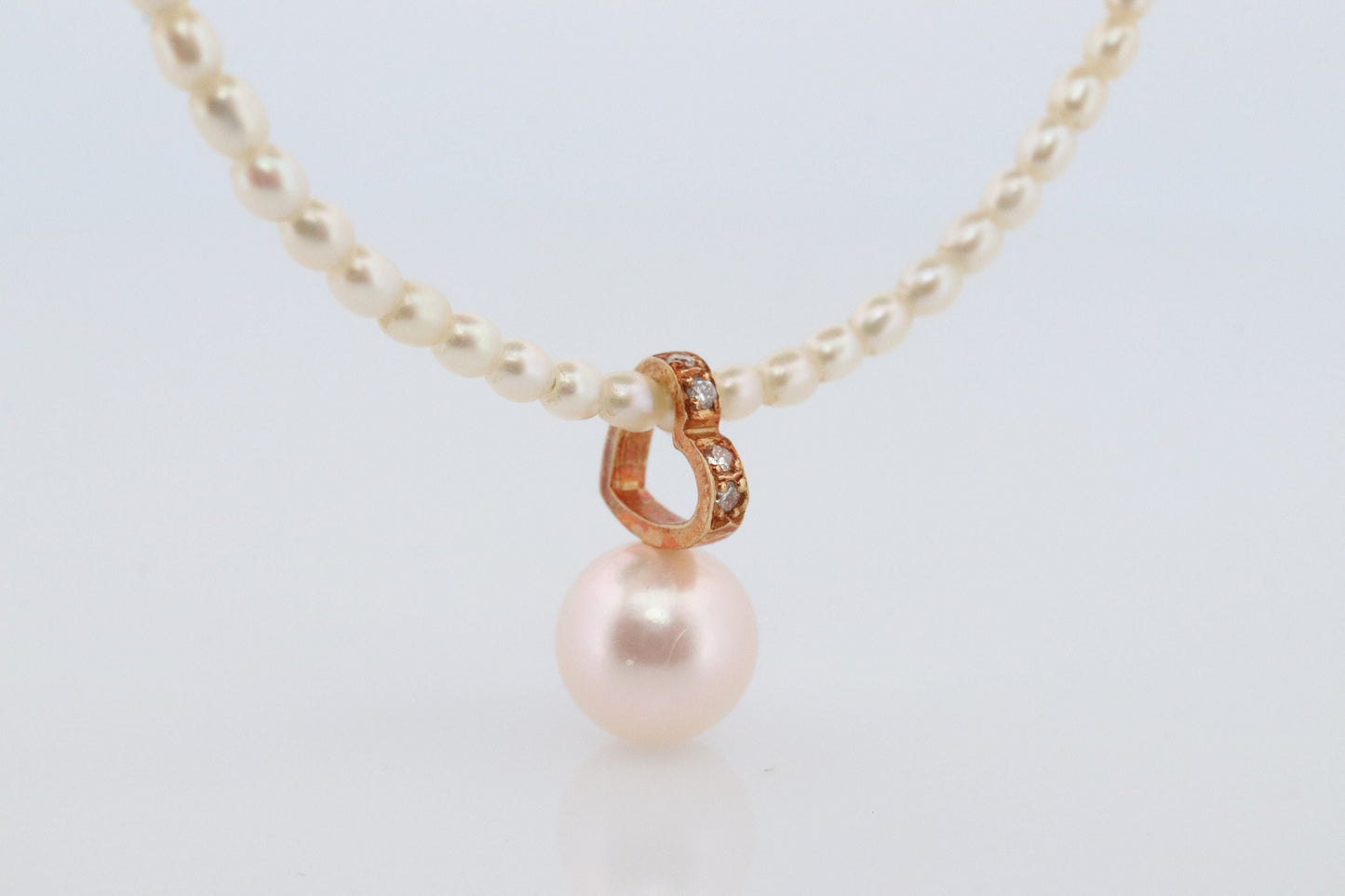 Mikimoto Necklace. Vintage 18k Gold Mikimoto Perlita Pearls with Heart Pendant. Mikimoto Diamond Open heart pendant.