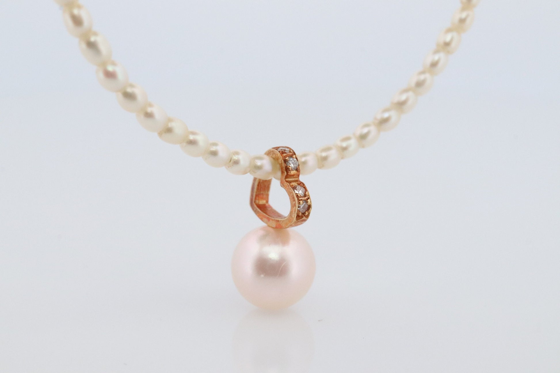 Mikimoto Necklace. Vintage 18k Gold Mikimoto Perlita Pearls with Heart Pendant. Mikimoto Diamond Open heart pendant.