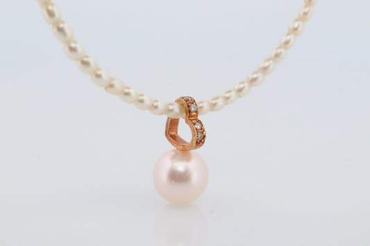 Mikimoto Necklace. Vintage 18k Gold Mikimoto Perlita Pearls with Heart Pendant. Mikimoto Diamond Open heart pendant.