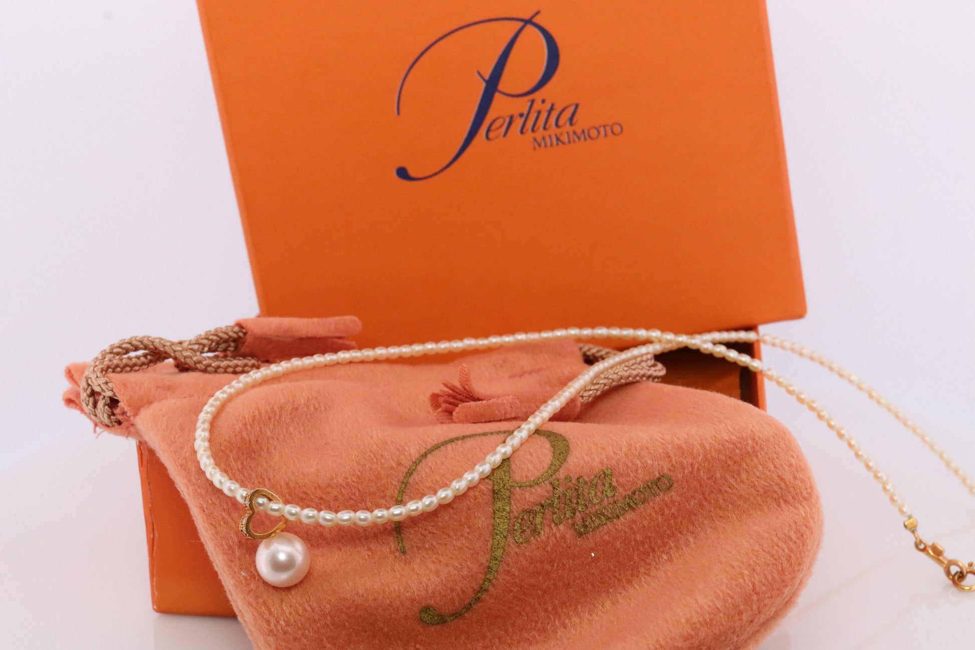 Mikimoto Necklace. Vintage 18k Gold Mikimoto Perlita Pearls with Heart Pendant. Mikimoto Diamond Open heart pendant.