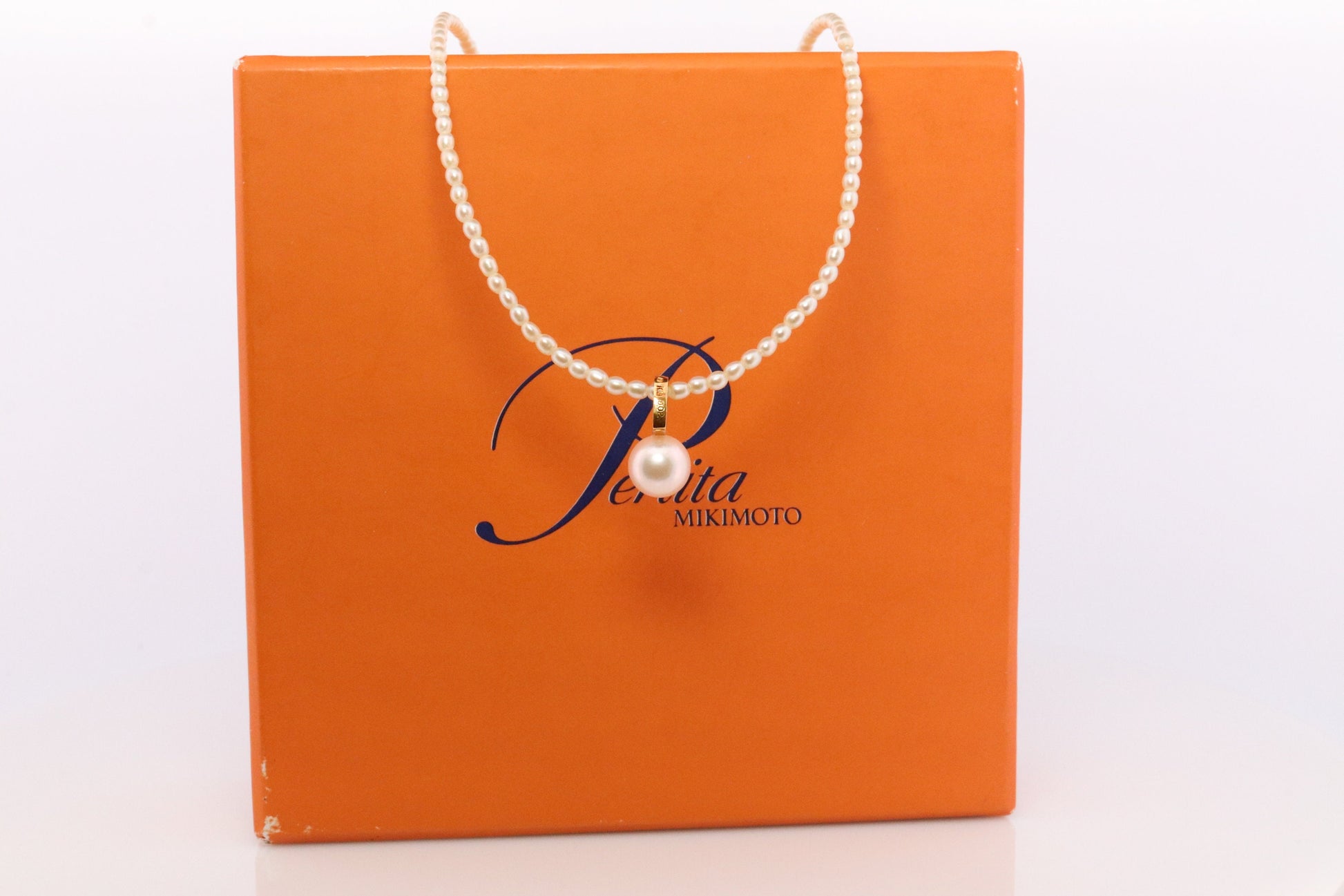 Mikimoto Necklace. Vintage 18k Gold Mikimoto Perlita Pearls with Heart Pendant. Mikimoto Diamond Open heart pendant.