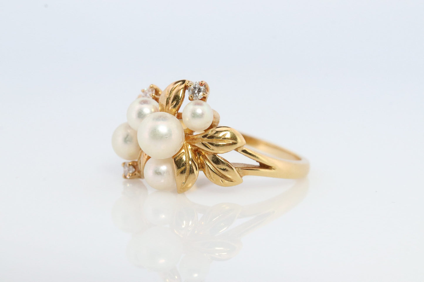 Mikimoto Ring. Vintage 18k Gold Mikimoto Pearl and Diamond Cluster. Mikimoto Pearl Grape Vine Design