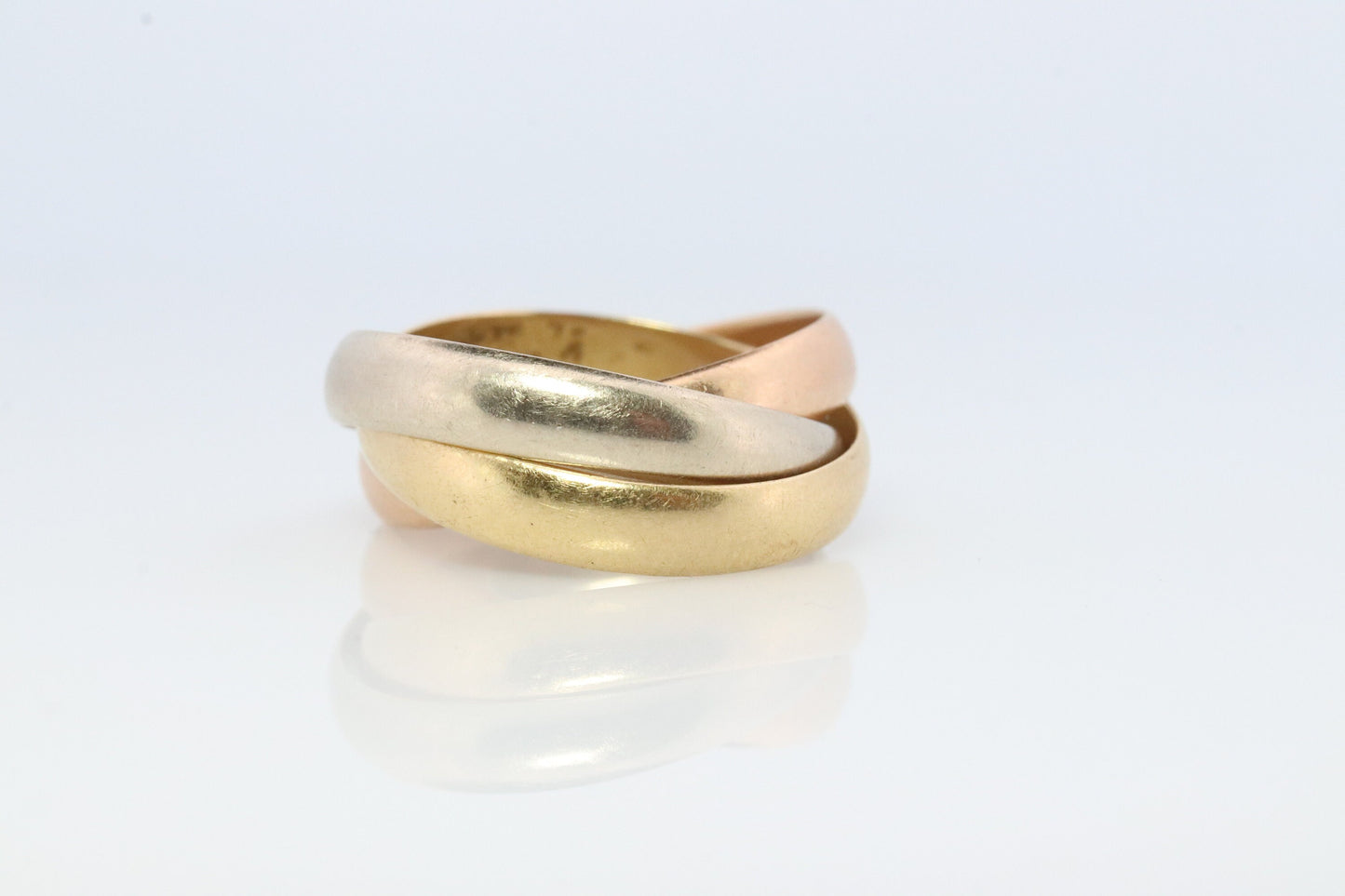 Vintage 18k 750 Rolling Ring. Trinity Tricolor Rolling Wedding Band. 18k 750 White Yellow Rose Gold Ring. Size 5.75