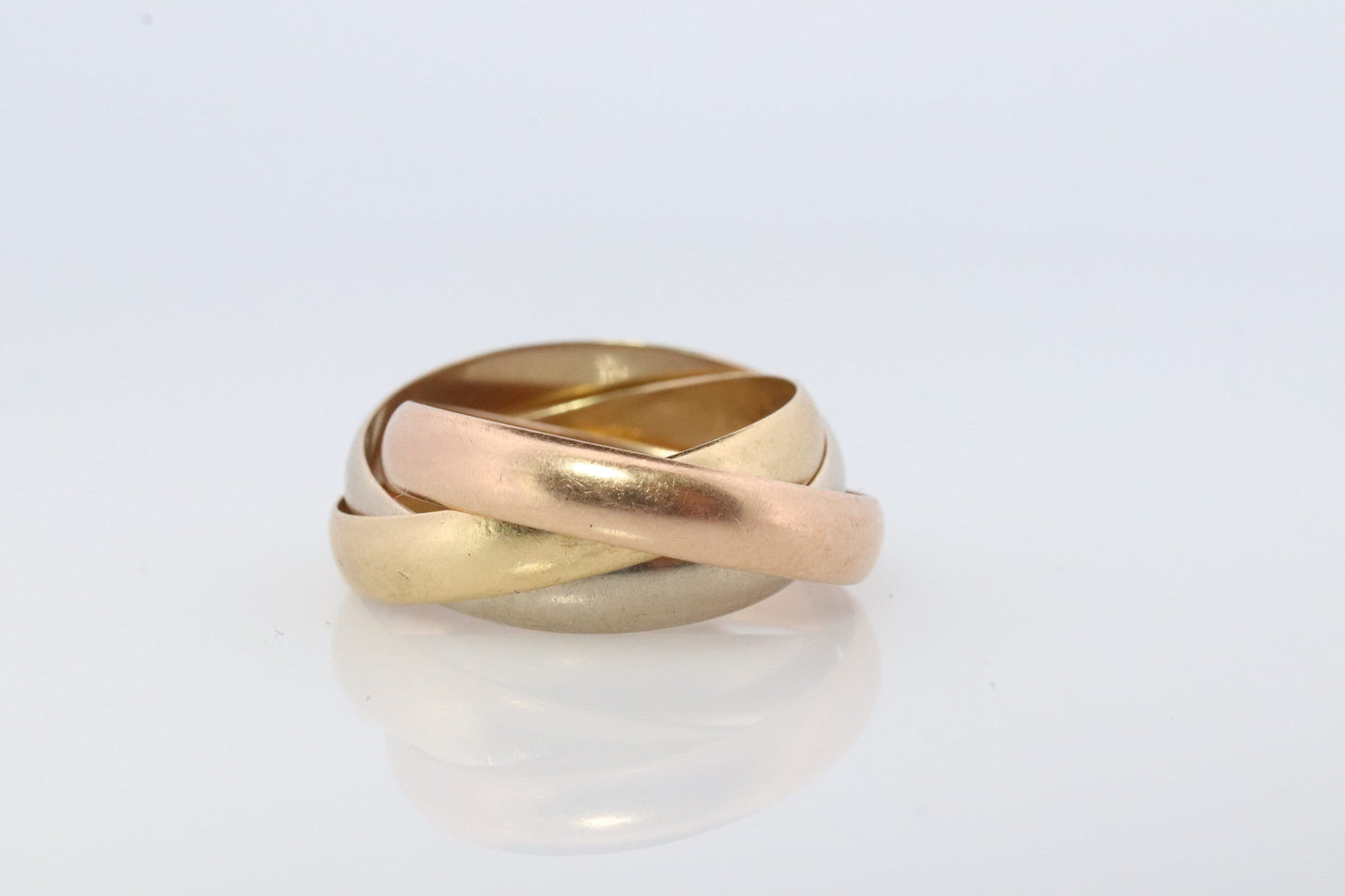 Vintage 18k 750 Rolling Ring. Trinity Tricolor Rolling Wedding Band. 18k 750 White Yellow Rose Gold Ring. Size 5.75