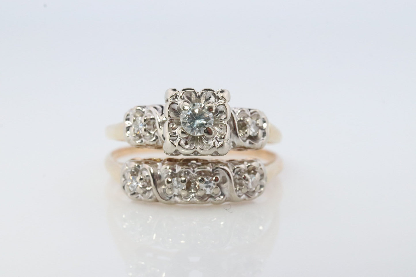 Vintage Art Deco Engagement Ring Set. 1950s. 14k Yellow and White Gold Diamond Wedding and Engagement Ring Set.