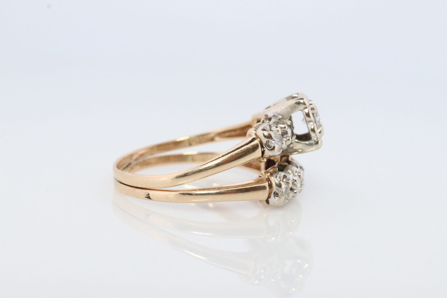 Vintage Art Deco Engagement Ring Set. 1950s. 14k Yellow and White Gold Diamond Wedding and Engagement Ring Set. #1059