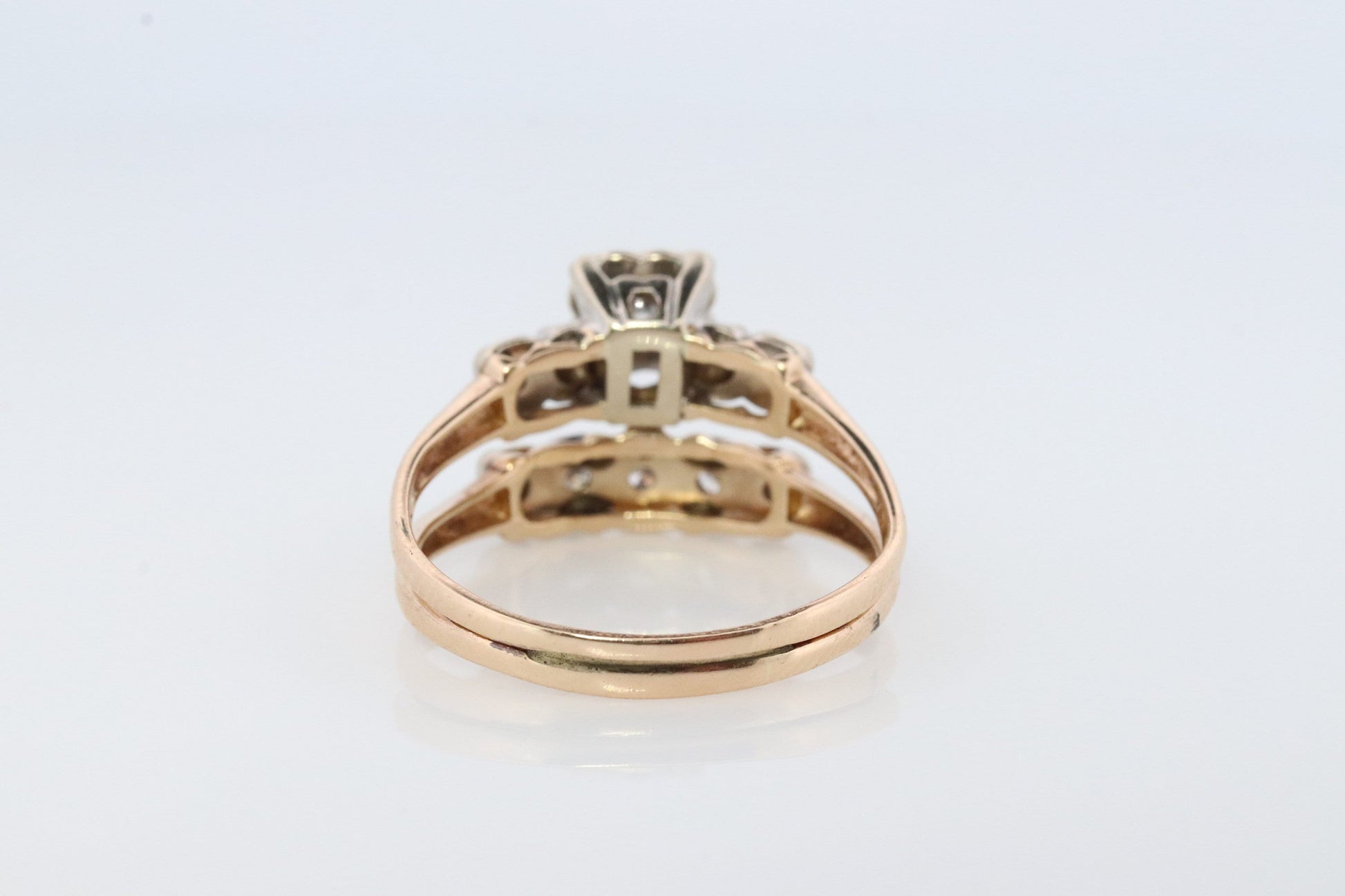 Vintage Art Deco Engagement Ring Set. 1950s. 14k Yellow and White Gold Diamond Wedding and Engagement Ring Set. #1059