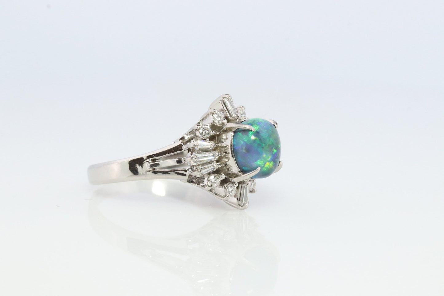Black Opal Diamond Ring. 900 Platinum Black Opal Diamond Ballerina Ring. Genuine Australian Black Opal Cabochon.