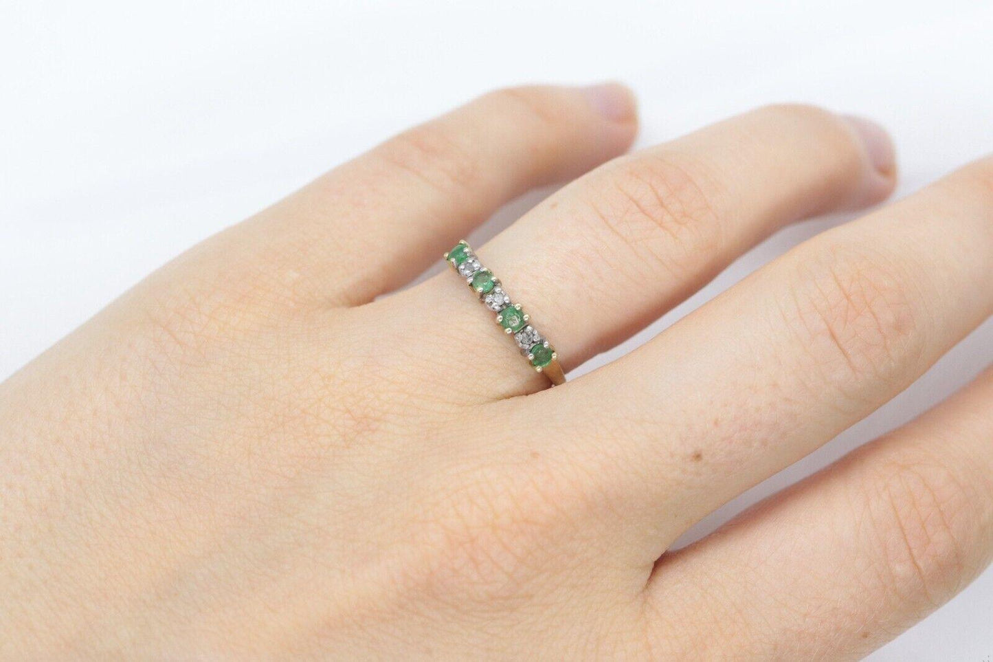 10k Eternity Natural Emerald Yellow gold ring. Half Alternating Eternity band.