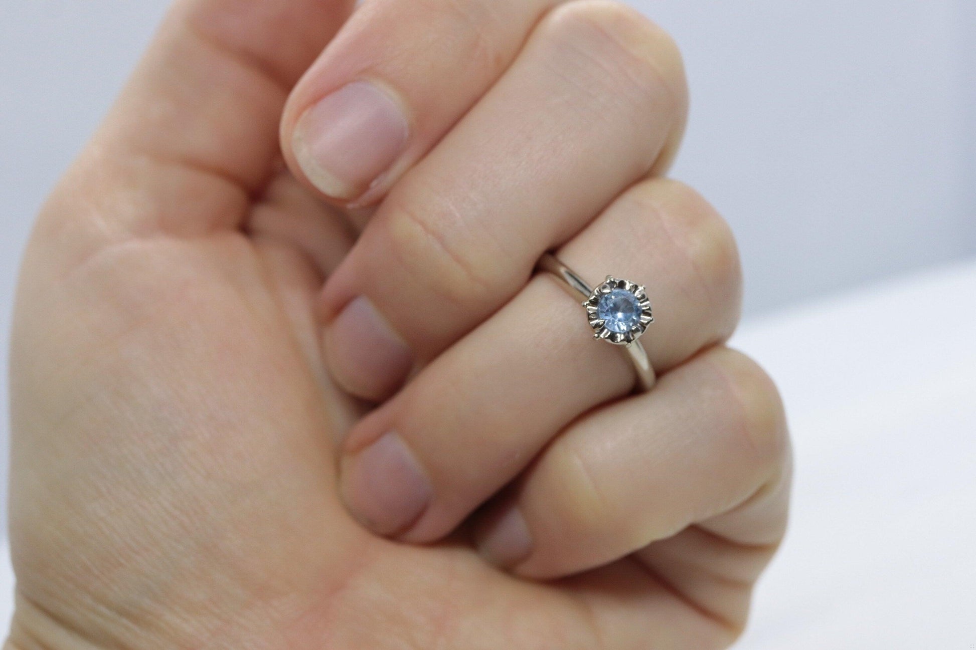 14k Aquamarine ring. Round Aquamarine solitaire ring. Flush set.