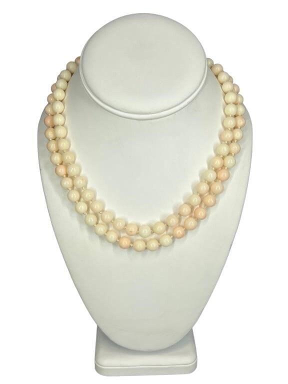 14k Coral Carved Angel Skin Salmon Bead Necklace. Two Strand Peach White Coral