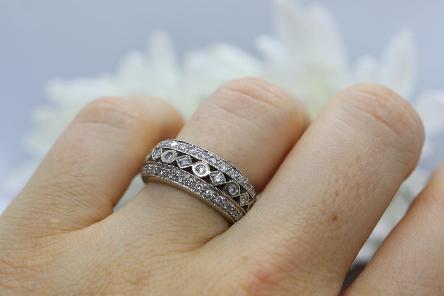 14k Diamond Dome band. Diamond Filigree Intricate Detail Open Cluster ring.