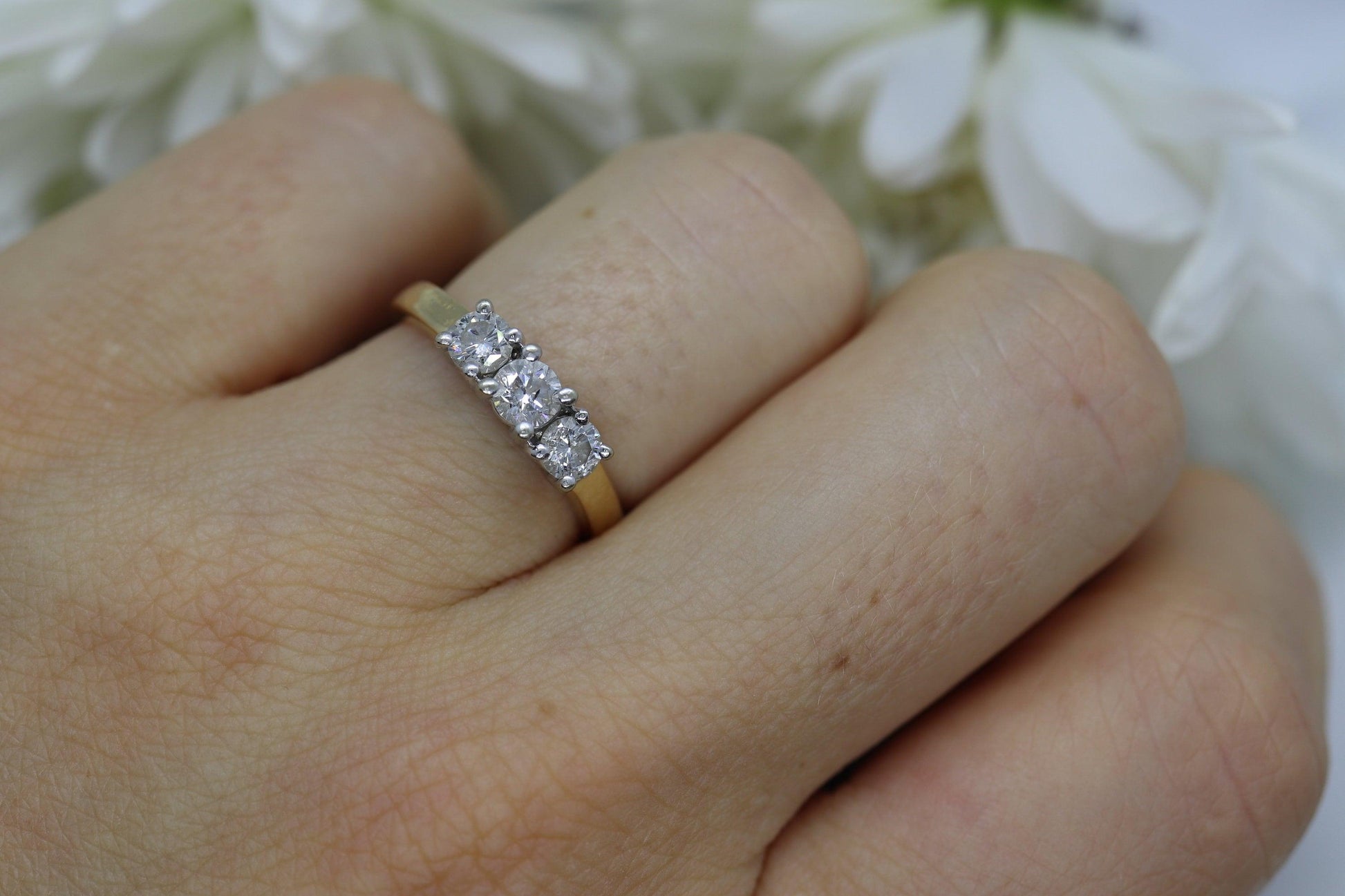 14k Diamond trio ring. 3 stone Diamond .58tctws Ring. Trio Trilogy ring.