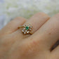 14k Emerald and Diamond Halo yellow gold ring. Emerald and Diamond Cluster ring.