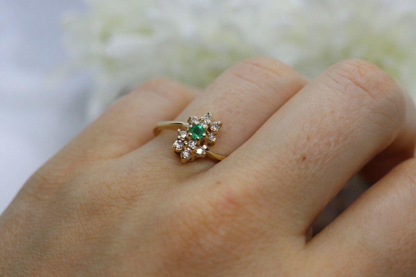14k Emerald and Diamond Halo yellow gold ring. Emerald and Diamond Cluster ring.