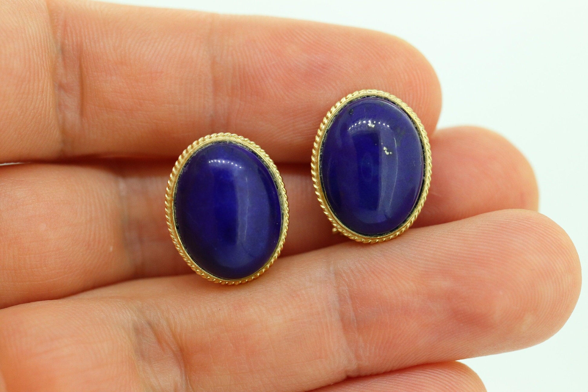 14k Lapis Lazuli  earrings. Cabochon Blue Lapis Lazuli Stud gold earrings.