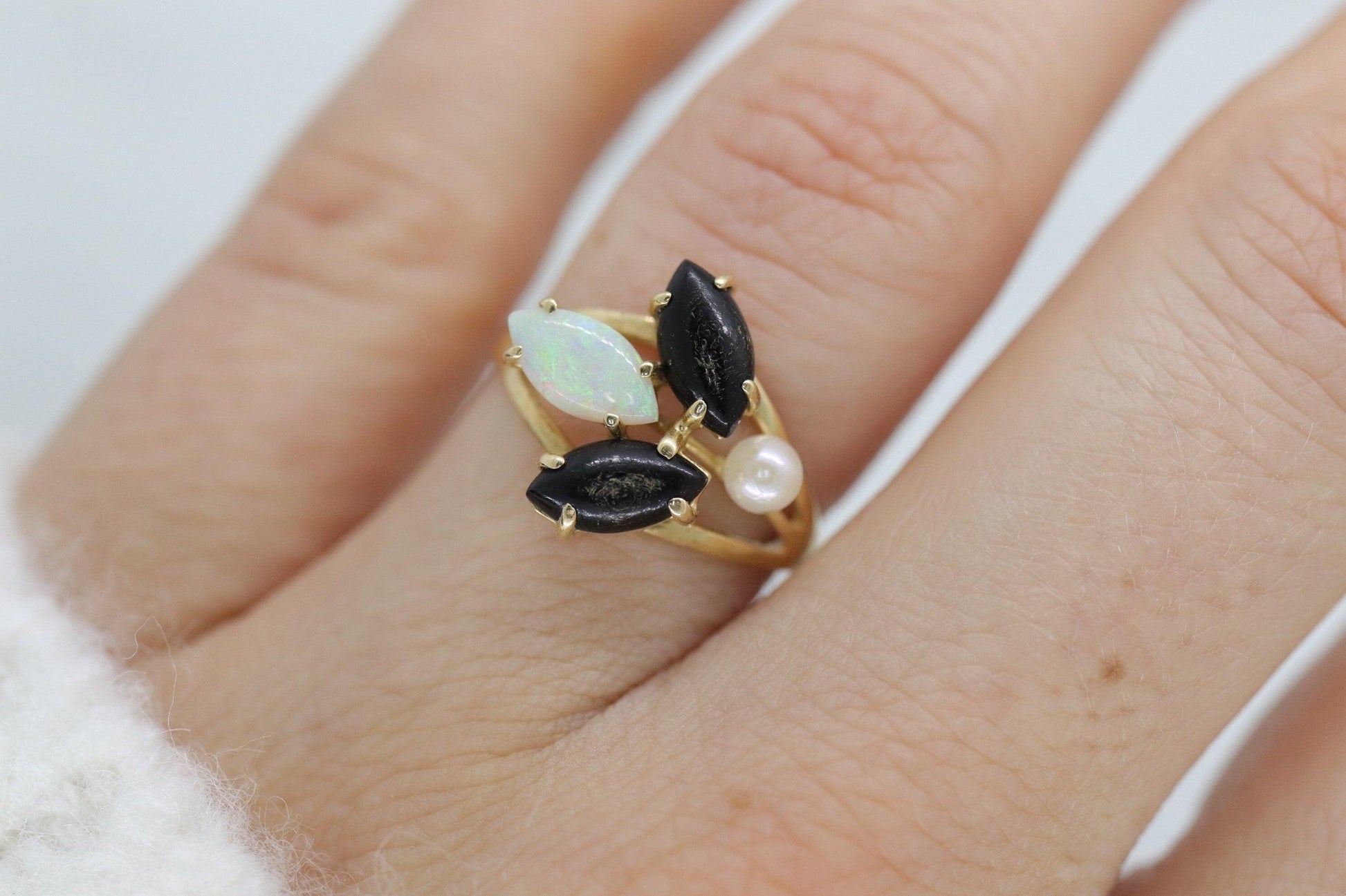 14k Onyx Opal and Pearl Cabochon cluster ring. Navette Onyx Opal band.