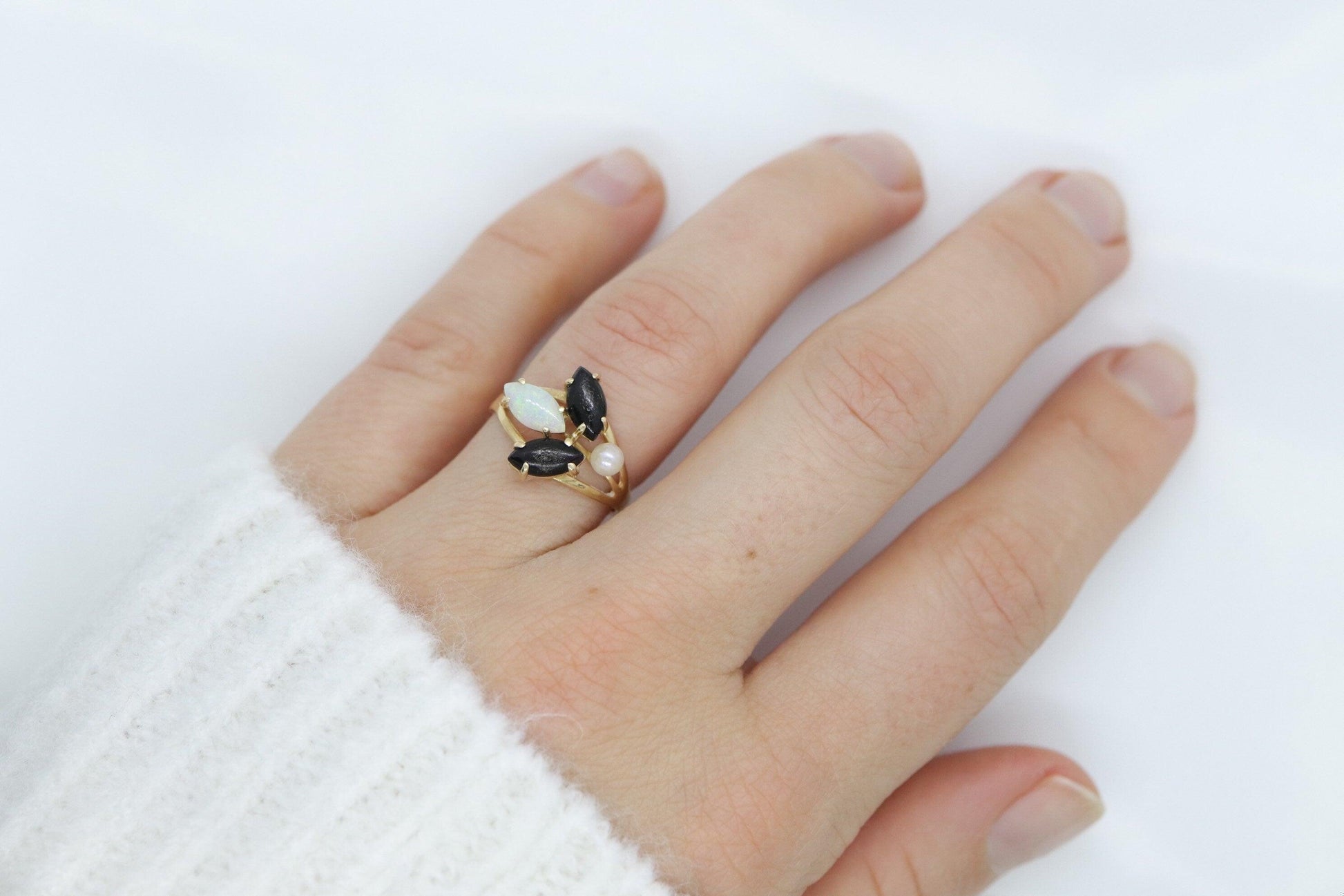 14k Onyx Opal and Pearl Cabochon cluster ring. Navette Onyx Opal band.