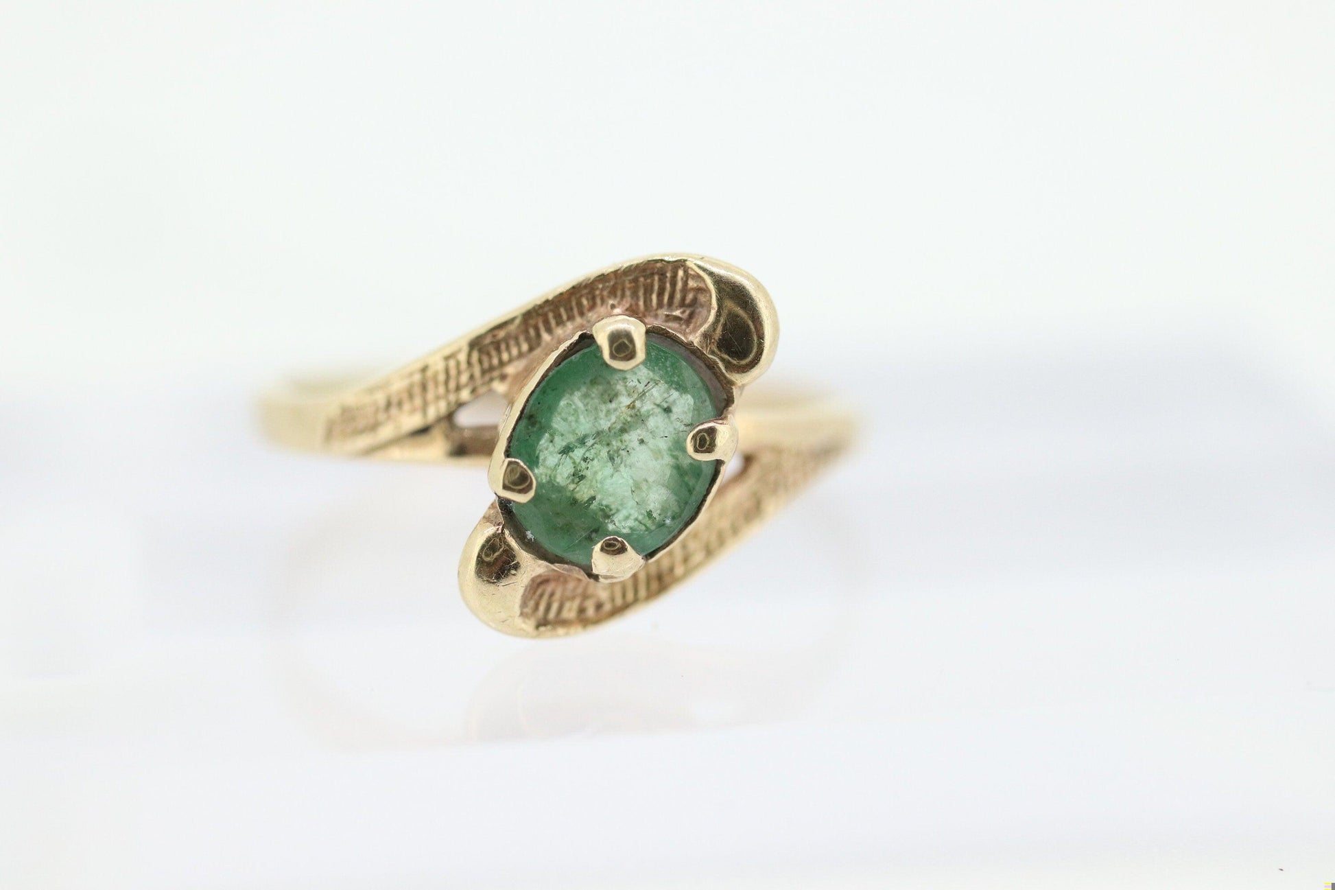 14k Oval Natural Emerald Yellow gold bypass ring. Genuine Natural Emerald Ring.