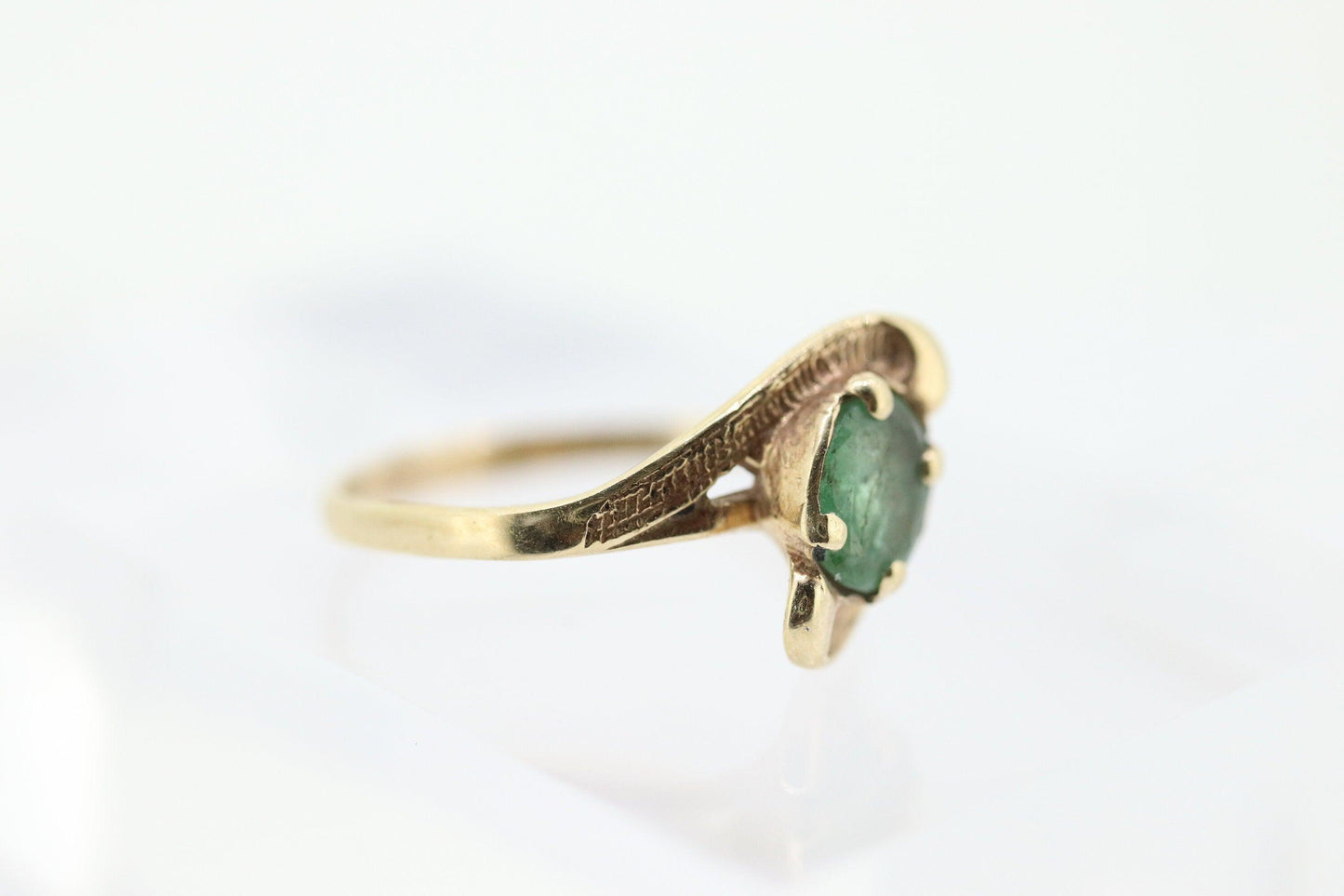 14k Oval Natural Emerald Yellow gold bypass ring. Genuine Natural Emerald Ring.