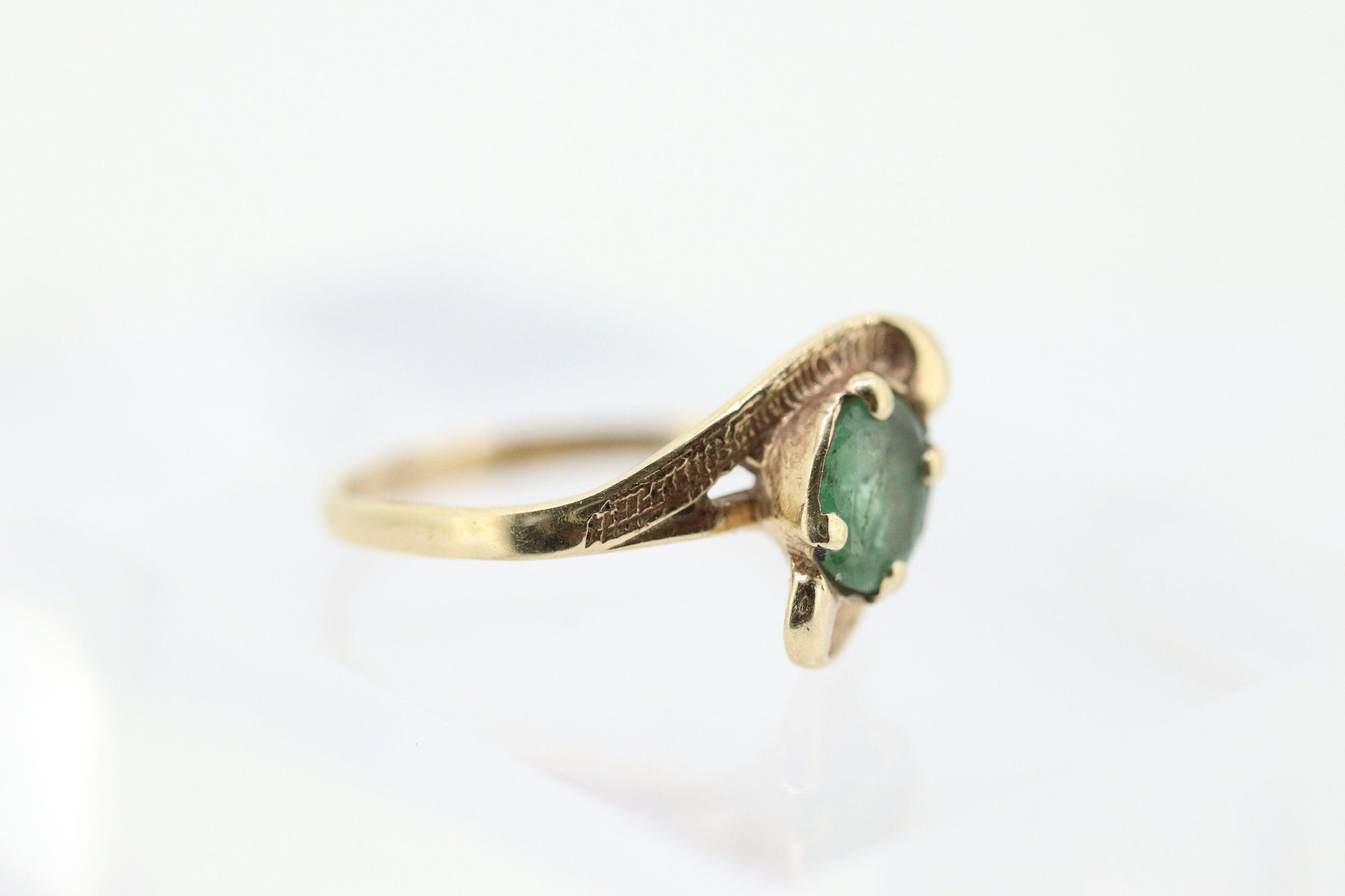 14k Oval Natural Emerald Yellow gold bypass ring. Genuine Natural Emerald Ring.