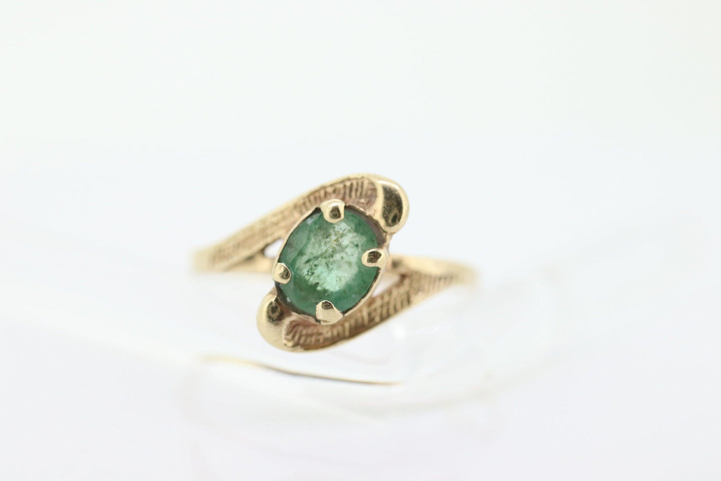 14k Oval Natural Emerald Yellow gold bypass ring. Genuine Natural Emerald Ring.