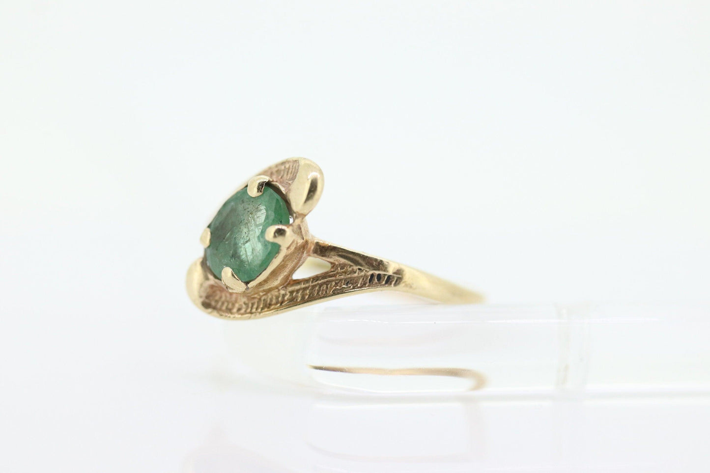 14k Oval Natural Emerald Yellow gold bypass ring. Genuine Natural Emerald Ring.