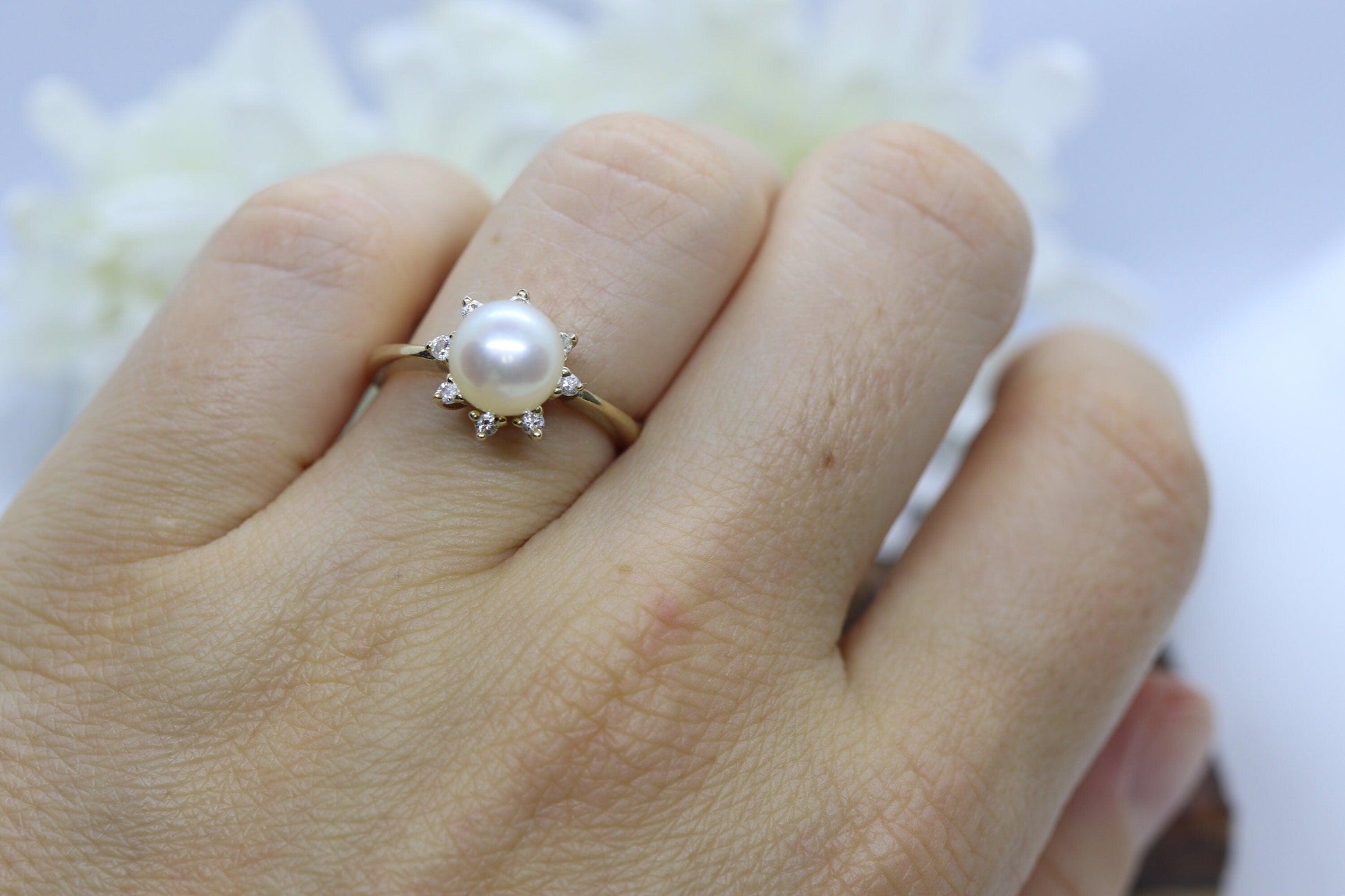 14k Pearl and Diamond Halo ring. 14k White gold Solitaire Halo ring with AKOYA