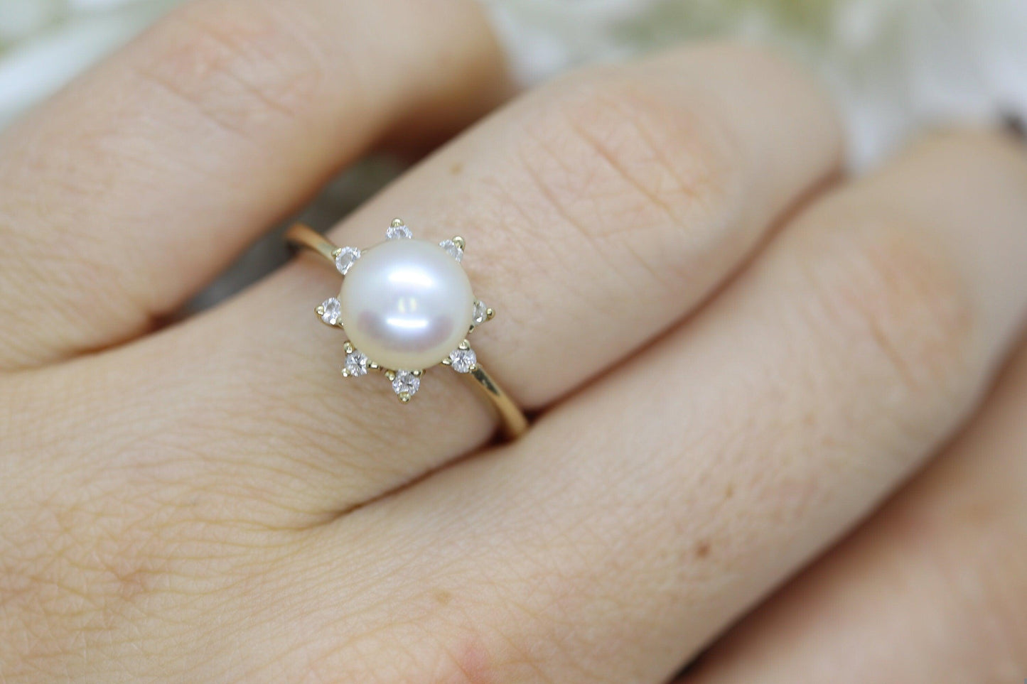 14k Pearl and Diamond Halo ring. 14k White gold Solitaire Halo ring with AKOYA