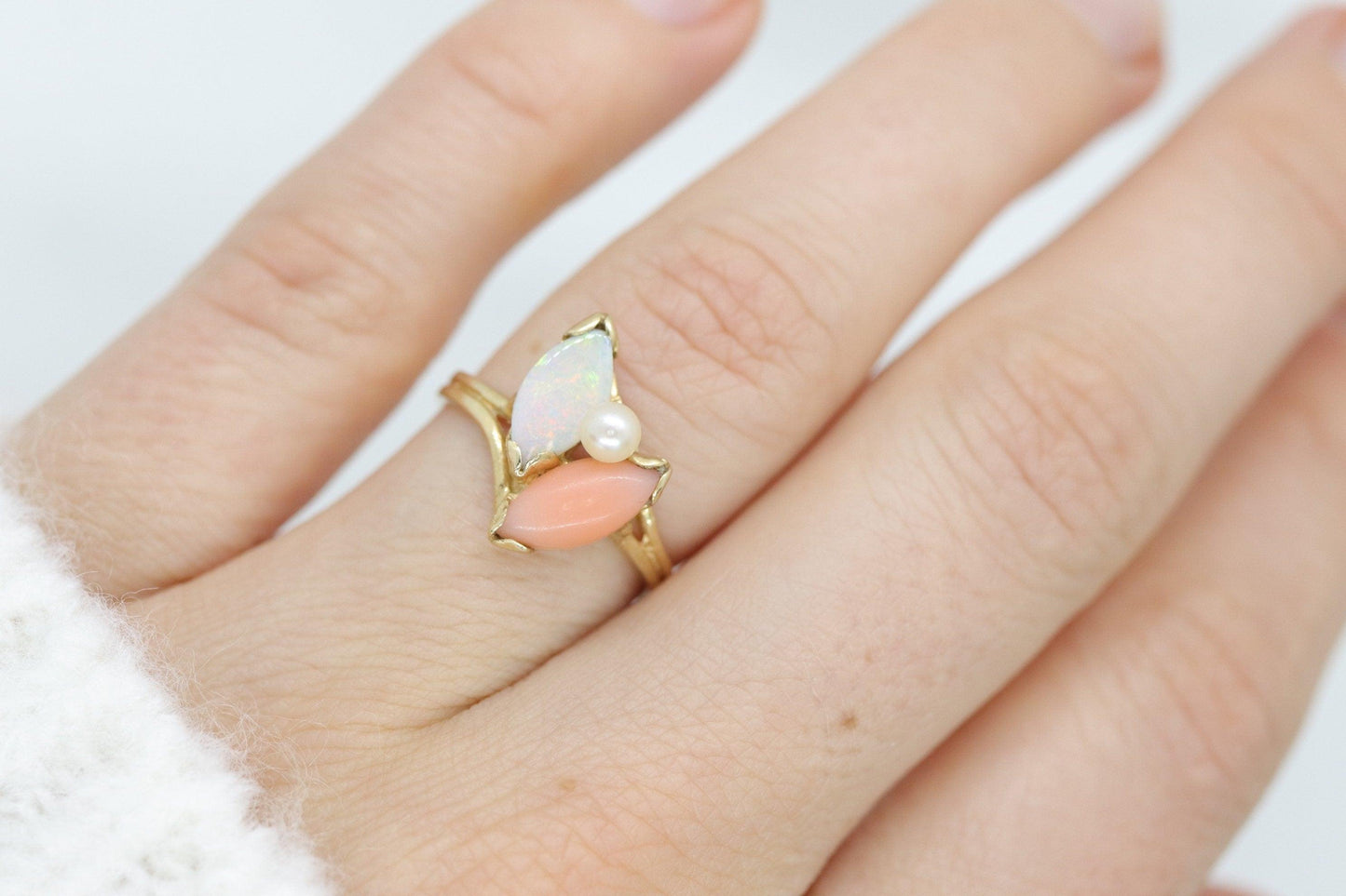 14k Pink Coral Opal and Pearl Cabochon cluster ring. Navette Peach coral band