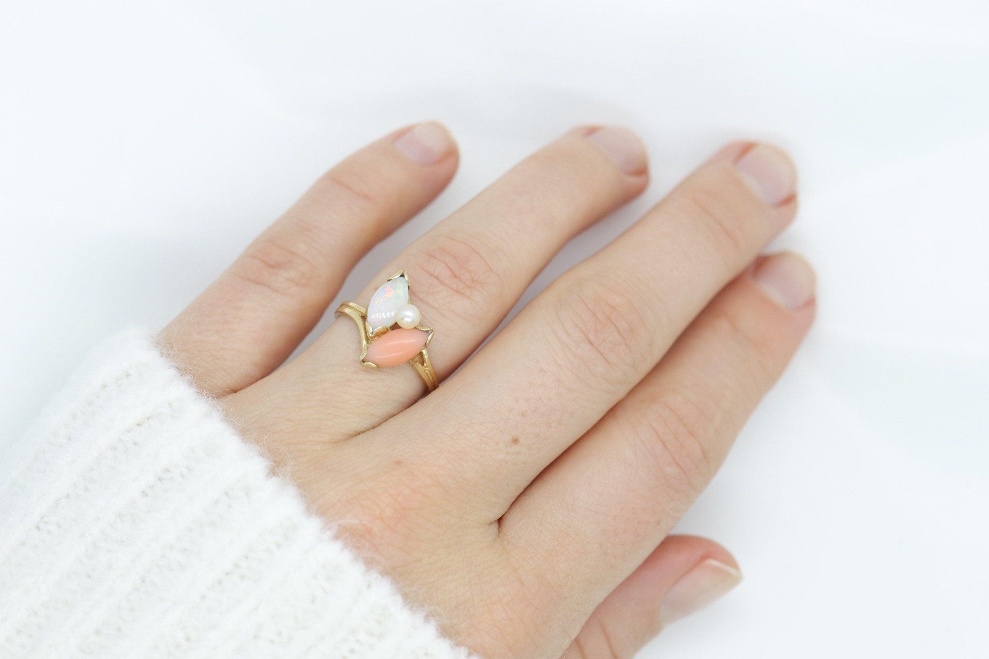 14k Pink Coral Opal and Pearl Cabochon cluster ring. Navette Peach coral band
