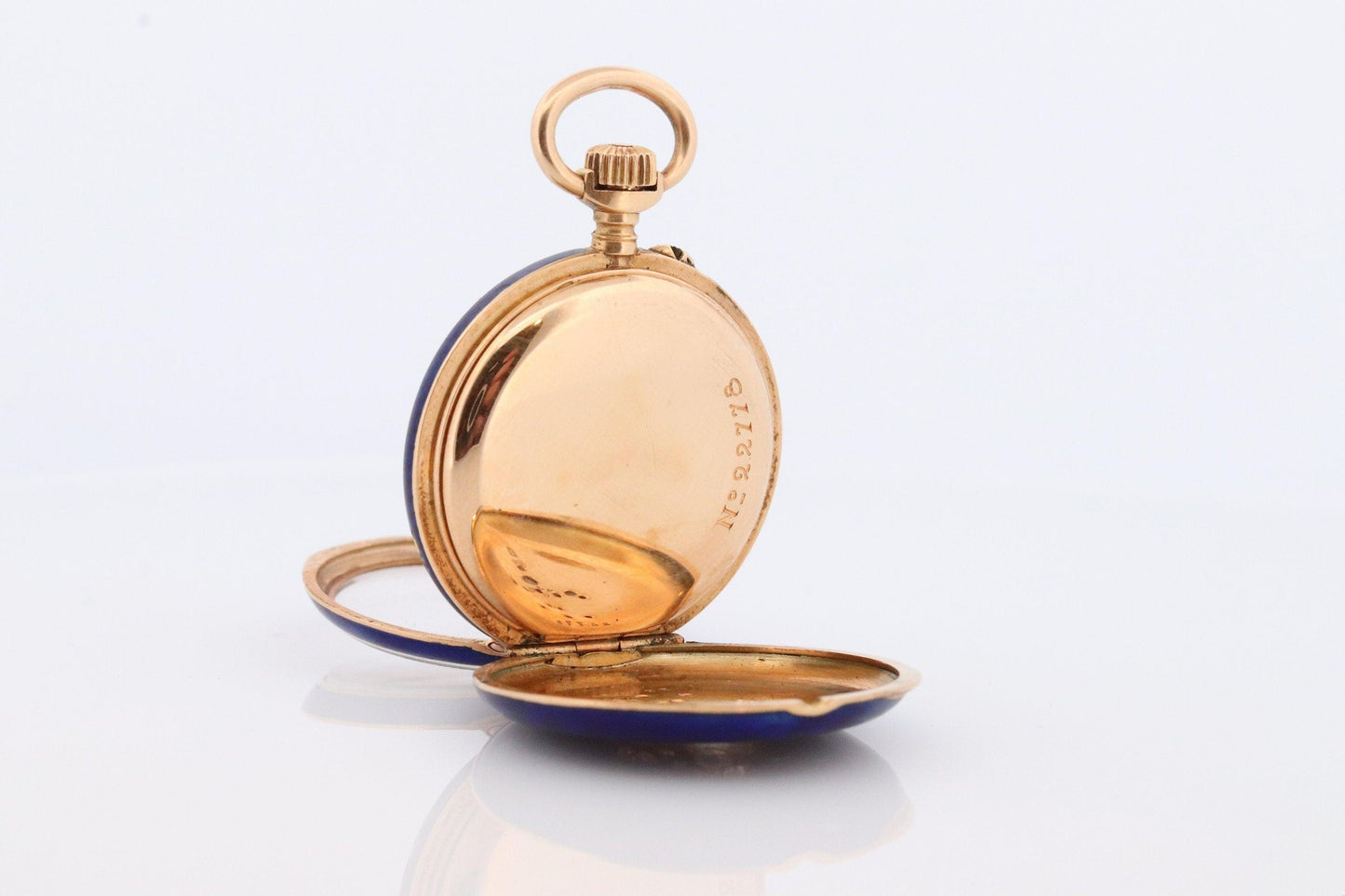 18k Gold Pocket Watch. Antique Blue enamel rose cut diamonds. Fleur de Lis WORKS