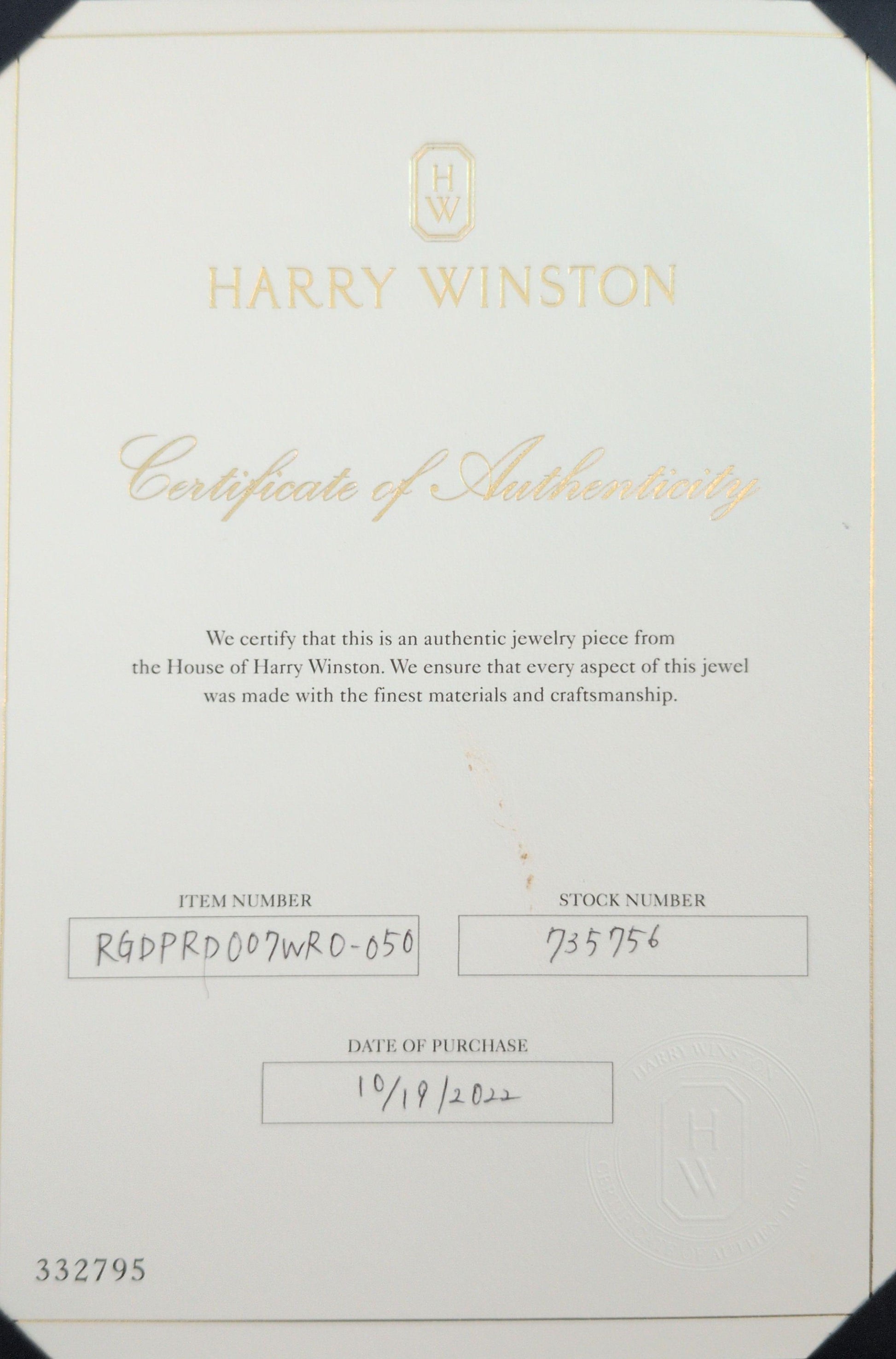 Harry Winston Diamond Ring. Round Diamond Engagement Solitaire PT950 Platinum.