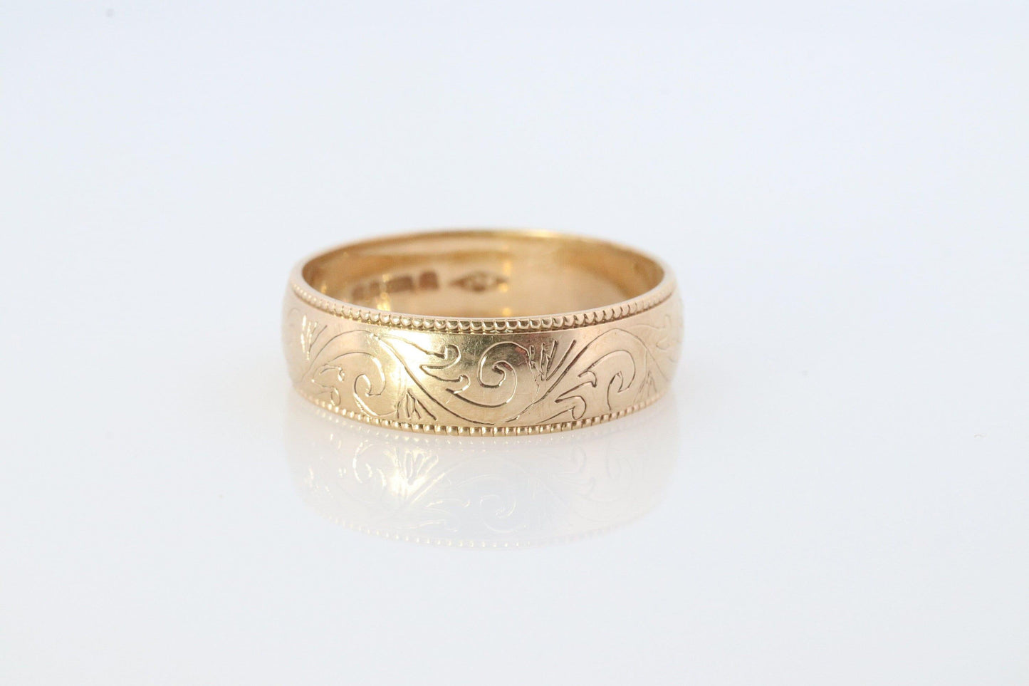9k Wide Band. 9k / 10k Wide Floral engraved band. Made in London UK England 1994